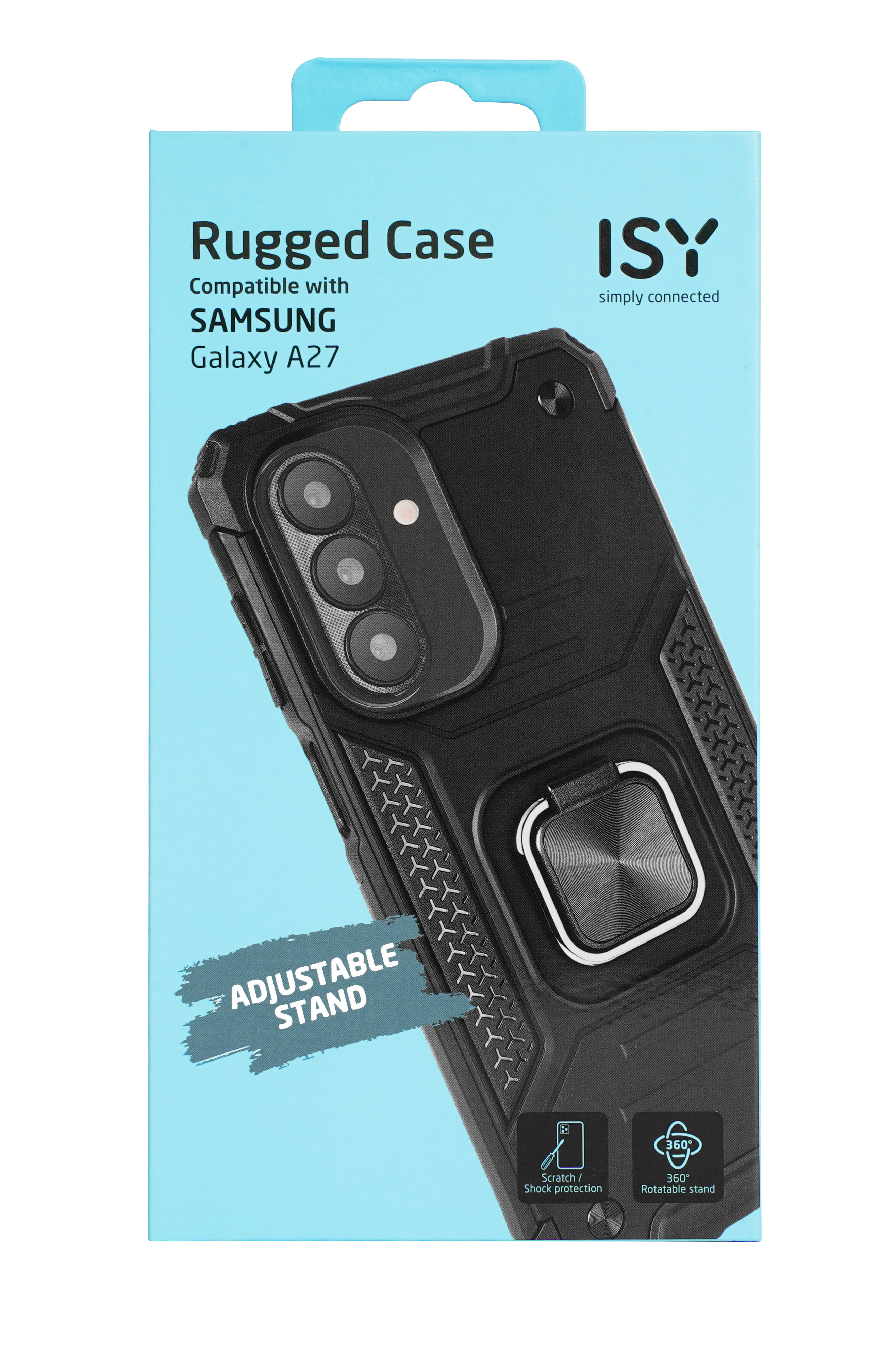 Blaue Verpackung für eine robuste schwarze ISY Schutzhülle mit Ringständer für Samsung Galaxy A27.