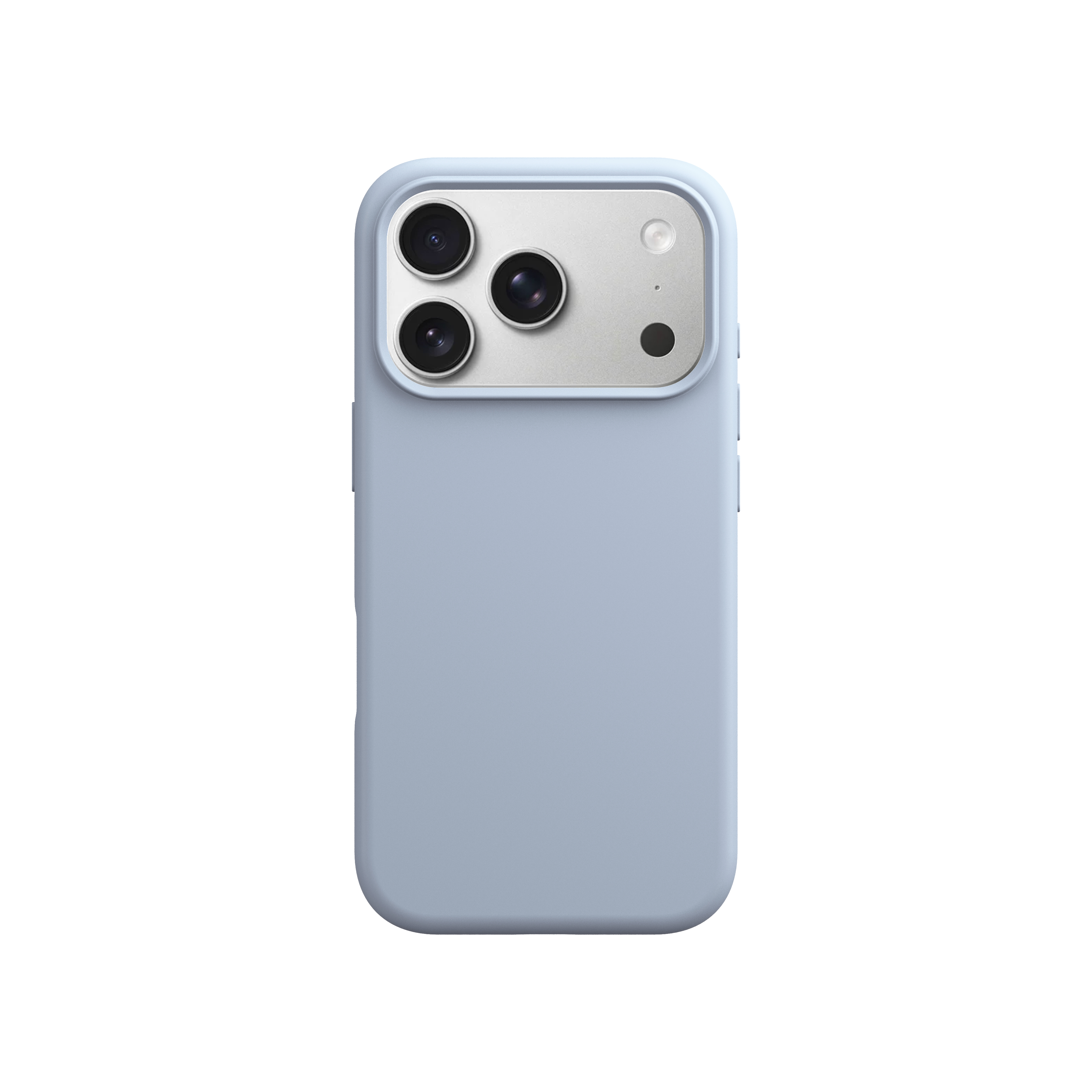 Rückansicht eines hellblauen Smartphones in einer Schutzhülle mit dreifacher Kameraplatte auf weißem Hintergrund.