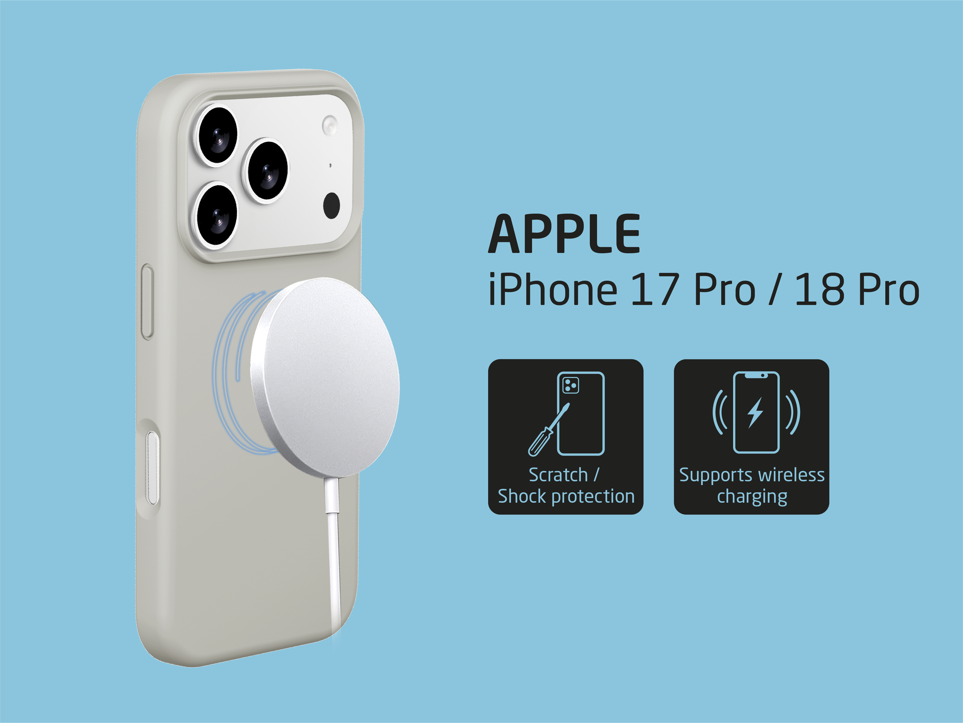 Graue iPhone-Hülle mit MagSafe-Ladegerät, Kratzschutz und Symbolen für kabelloses Laden auf blauem Hintergrund.