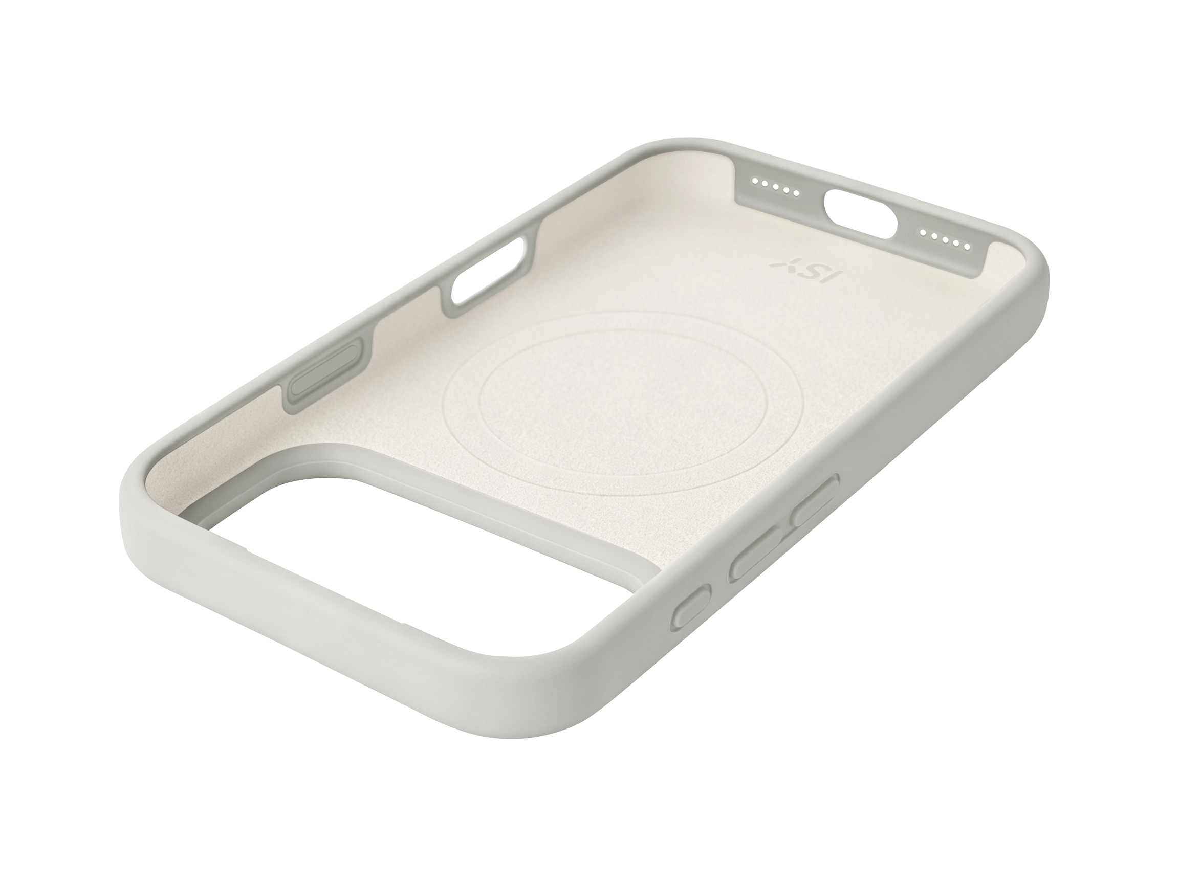 Eine hellgraue Smartphone-Hülle mit weichem Innenfutter auf weißem Hintergrund.