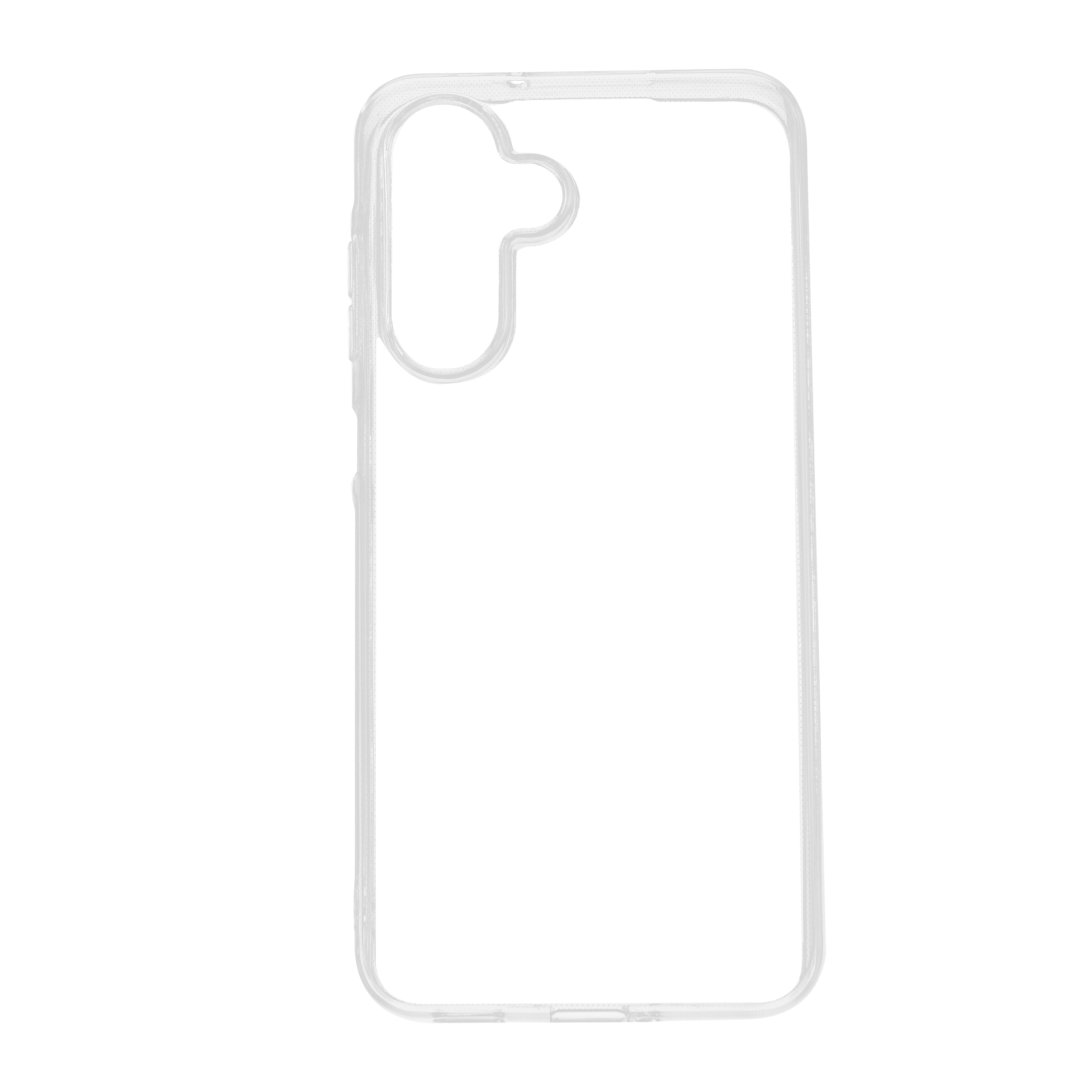 Eine transparente Schutzhülle für ein Smartphone mit Aussparungen für die Kamera auf einem schwarzen Hintergrund.