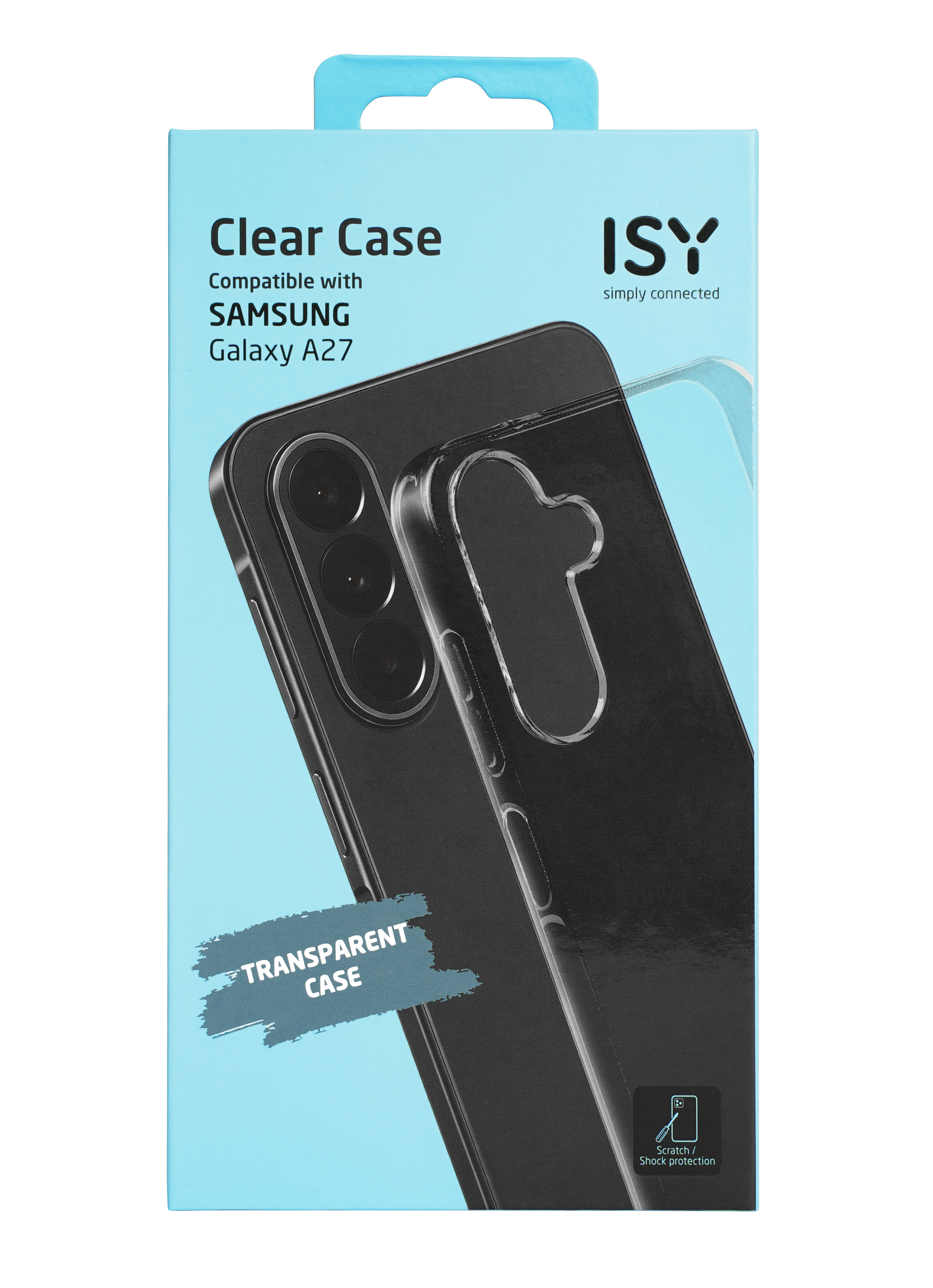 Hellblaue Verpackung für ISY-Transparentcase für Samsung Galaxy A27, mit abgebildetem Smartphone.