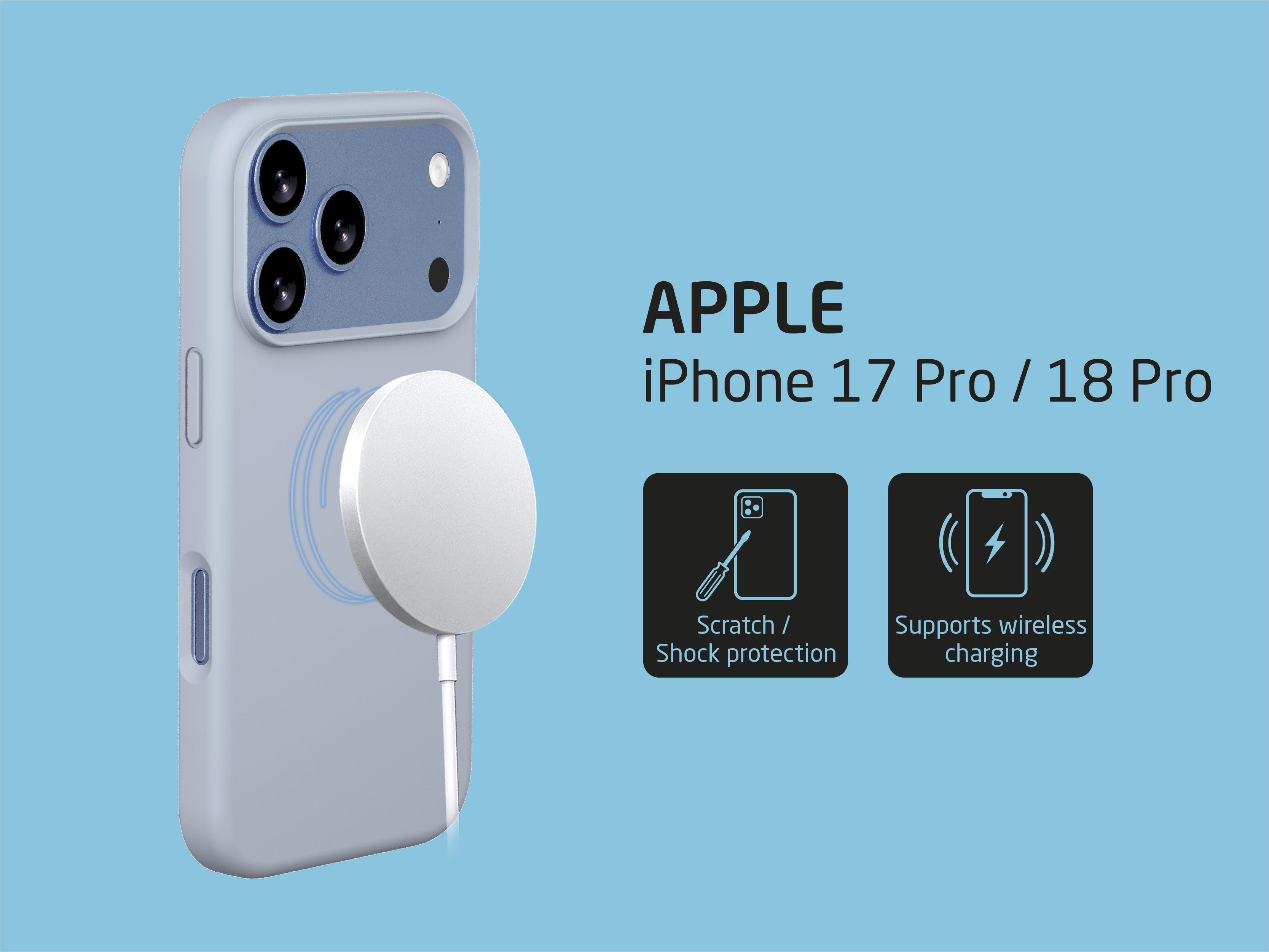 Hellblaue Handyhülle mit kabellosem Ladegerät, Kratzschutz-Text und iPhone 17 Pro-Etikett vor blauem Hintergrund.