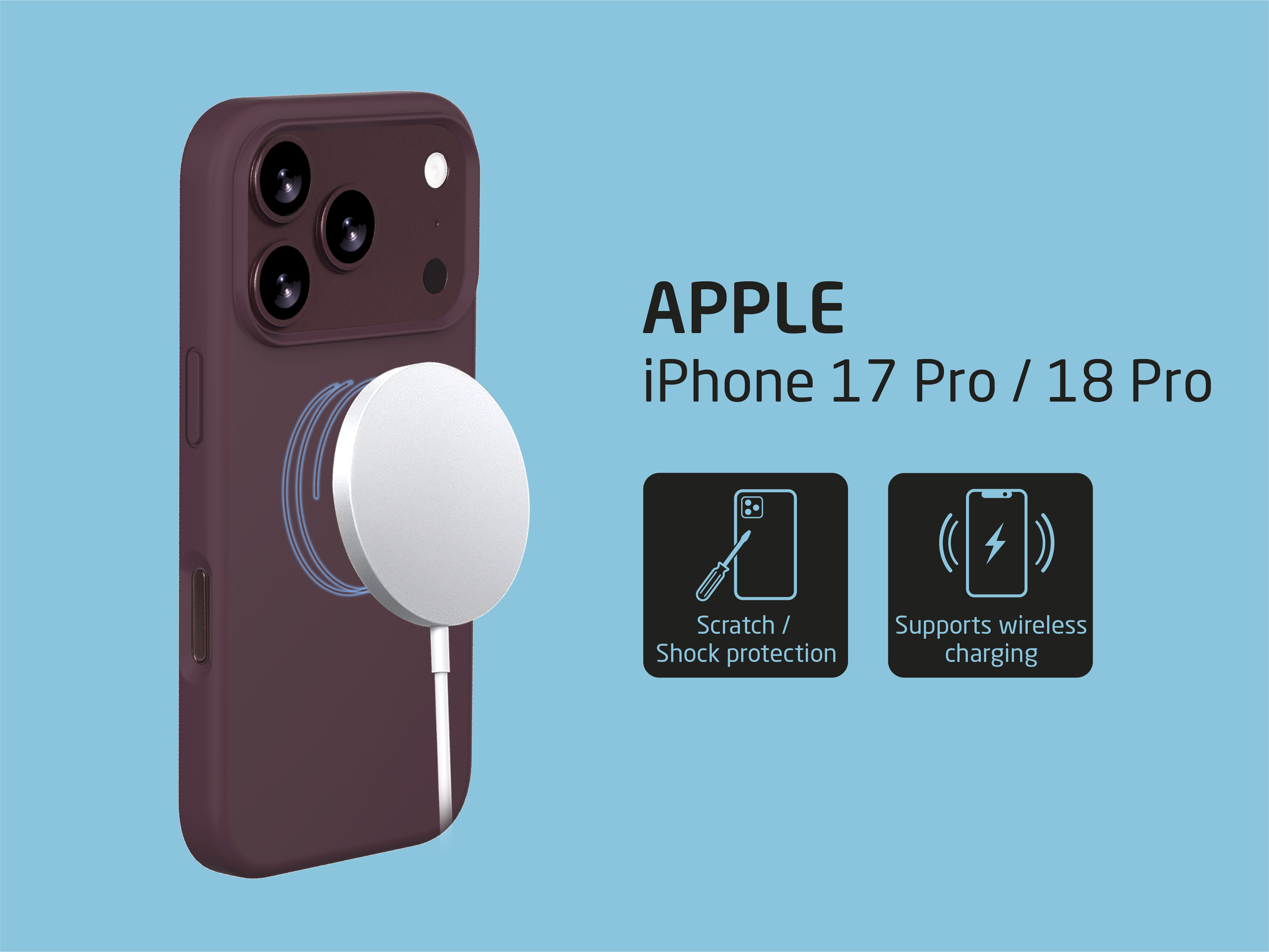 Ein lila iPhone mit einem weißen MagSafe-Ladegerät und Text zu Kratzschutz- und kabellosen Ladefunktionen.
