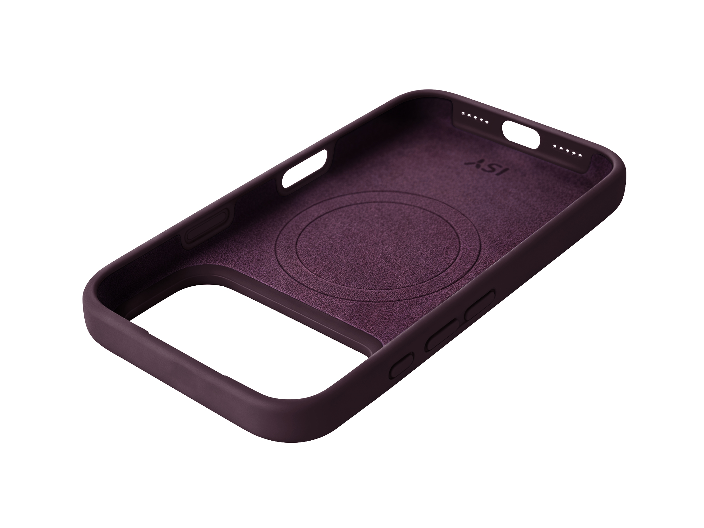 Dunkellila Smartphone-Hülle mit weichem Innenfutter und magnetischem Ring auf weißem Grund.