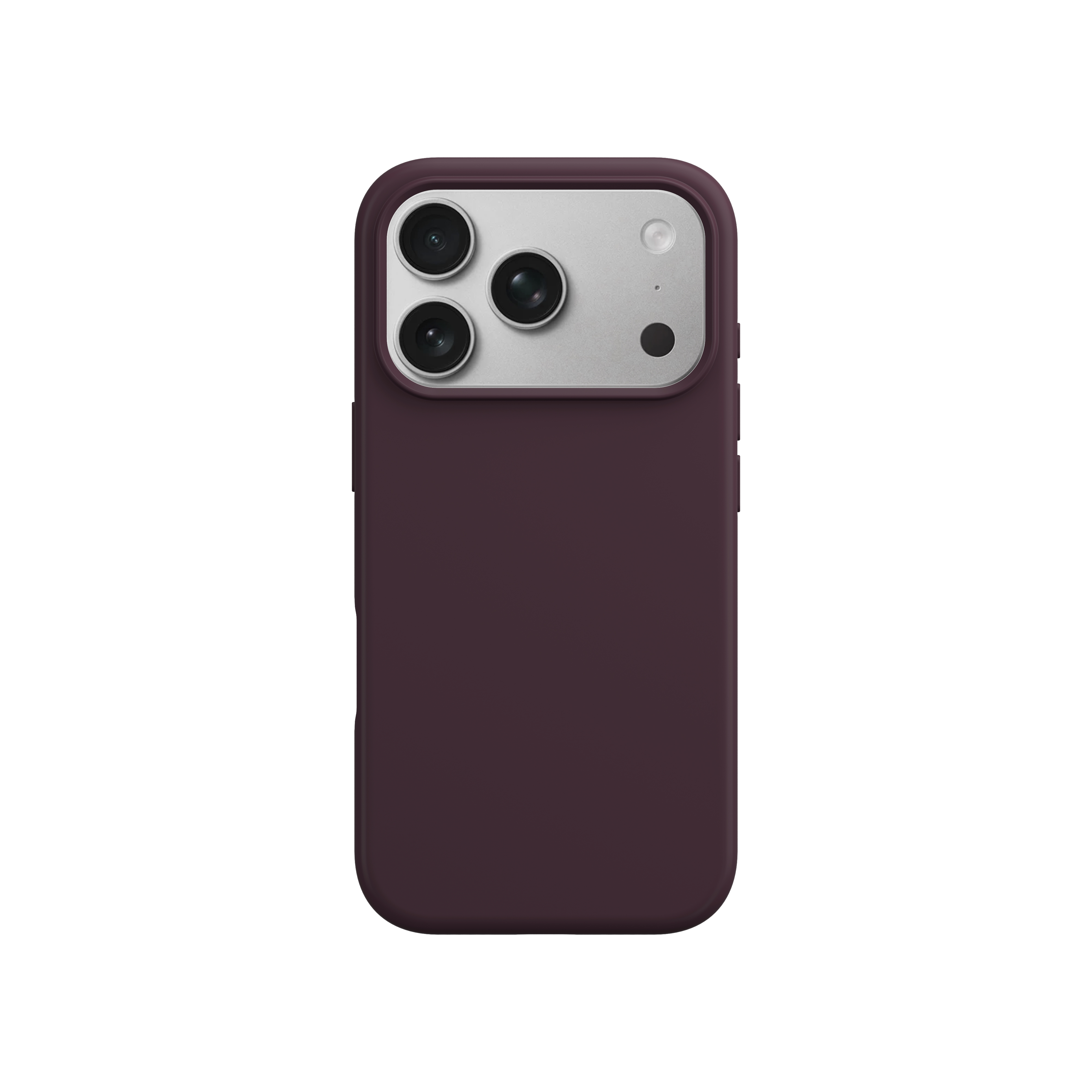 Rückseite eines dunkellila Smartphones mit dreifacher Kamera und silberner Kamerainsel auf weißem Hintergrund.
