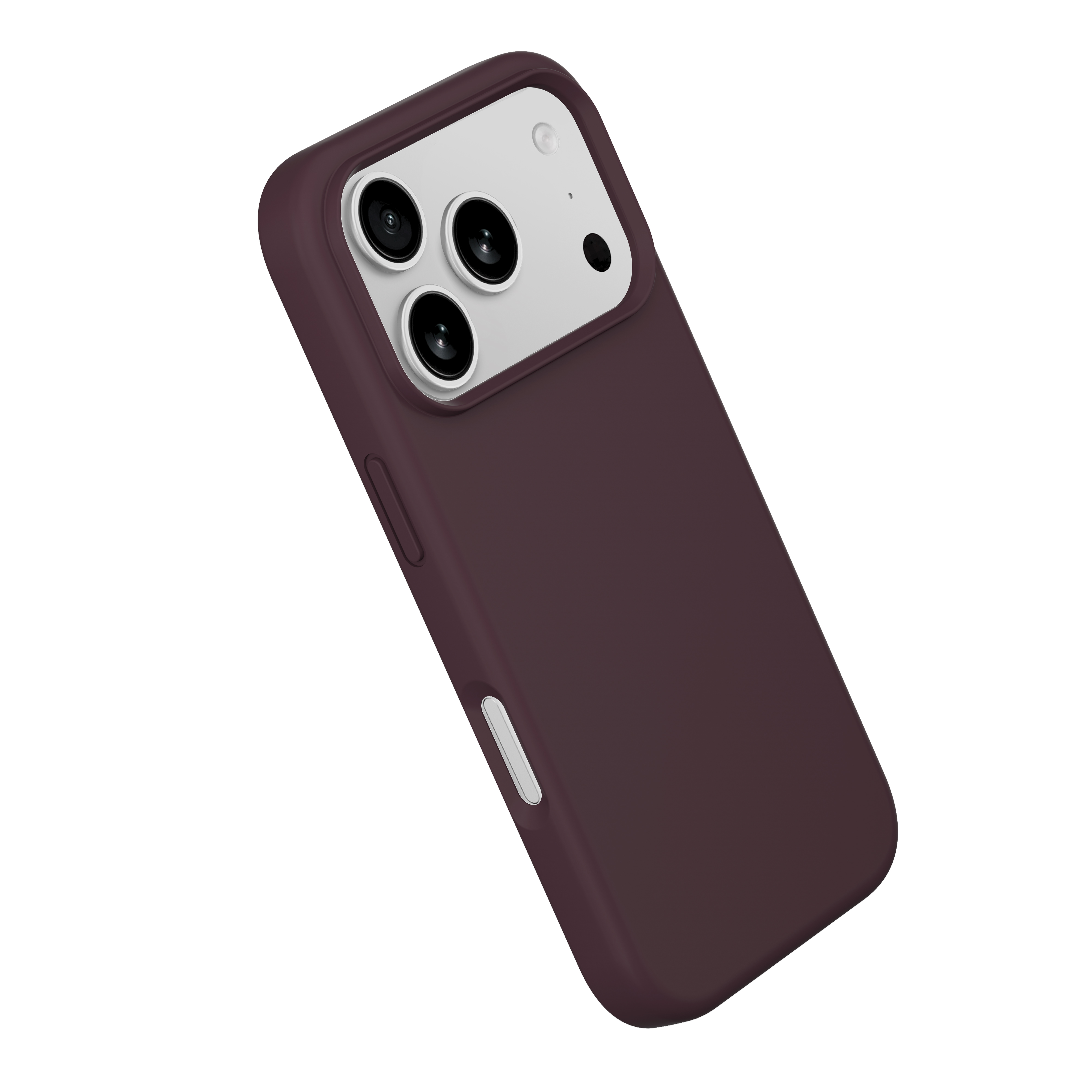 Smartphone in einer dunkelroten Hülle, Ansicht der Rückseite mit Dreifachkamera.