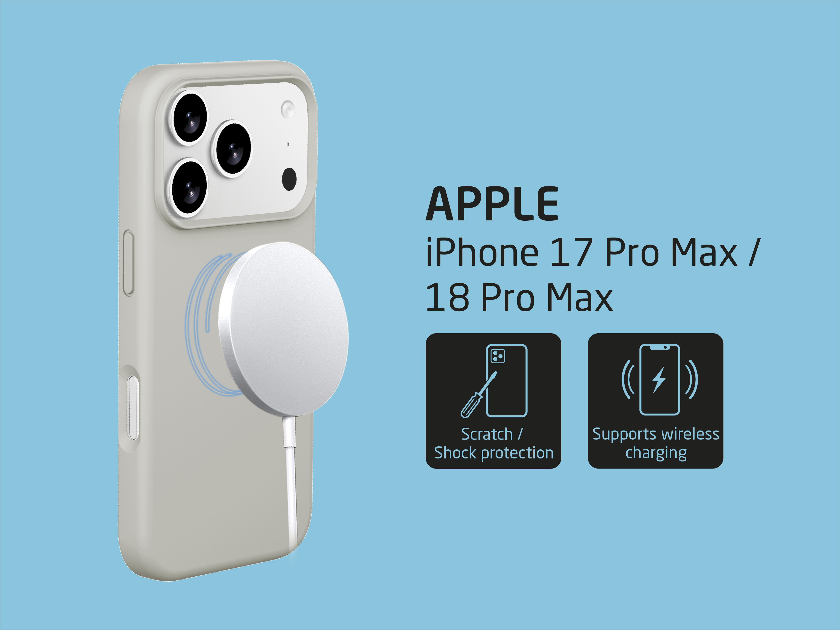 Handyhülle für Apple iPhone 17/18 Pro Max mit kabellosem Lader und Text.