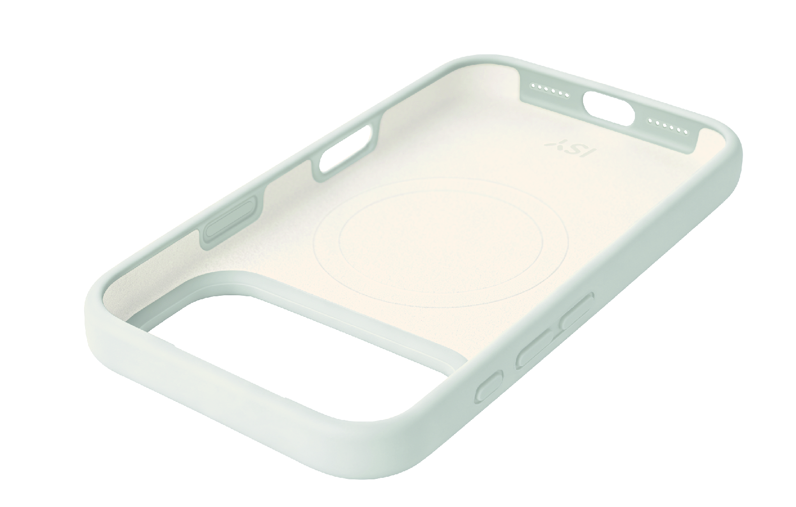 Eine hellgraue Silikon-Smartphone-Hülle mit weichem Innenfutter und Magnetring vor weißem Hintergrund.