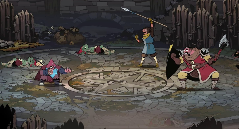 Drei Kämpfer stehen in einer Arena mit Steinfliesen und besiegten Goblins im Hintergrund.