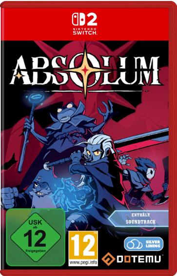 Spielhülle für Nintendo Switch 2 mit rotem Rand, 'Absolum'-Logo und vier stilisierten Figuren vor rotem Hintergrund.