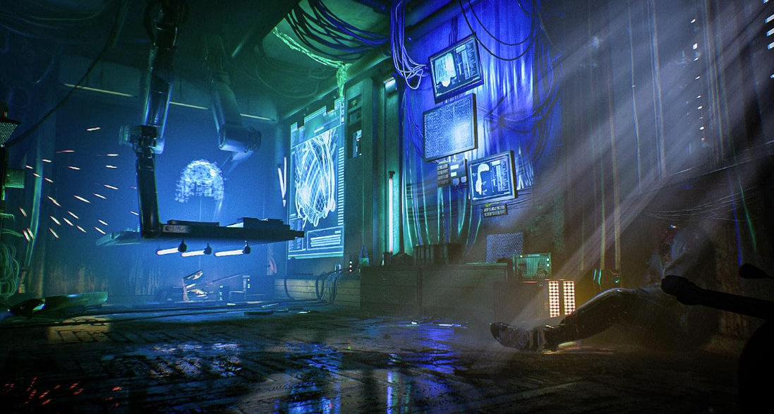 Beleuchteter Sci-Fi-Laborraum mit Bildschirmen, Kabeln, robotic Armen und einer sitzenden Person im Vordergrund.