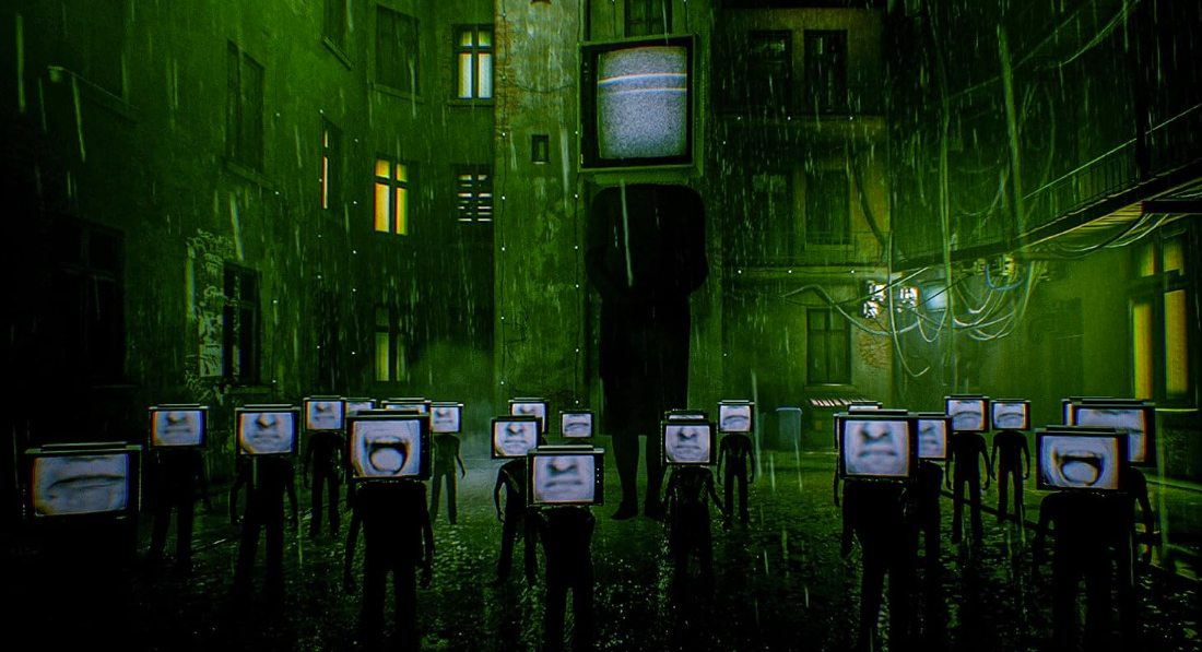 Eine grüne nächtliche Straßenszene mit im Regen stehenden Figuren, deren Köpfe durch Fernseher ersetzt sind.