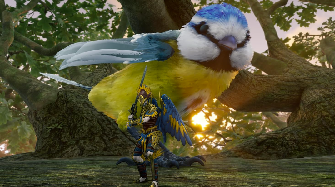 Ein Krieger in blauer und goldener Rüstung steht vor einem riesigen blau-gelben Vogel auf einem Baum.