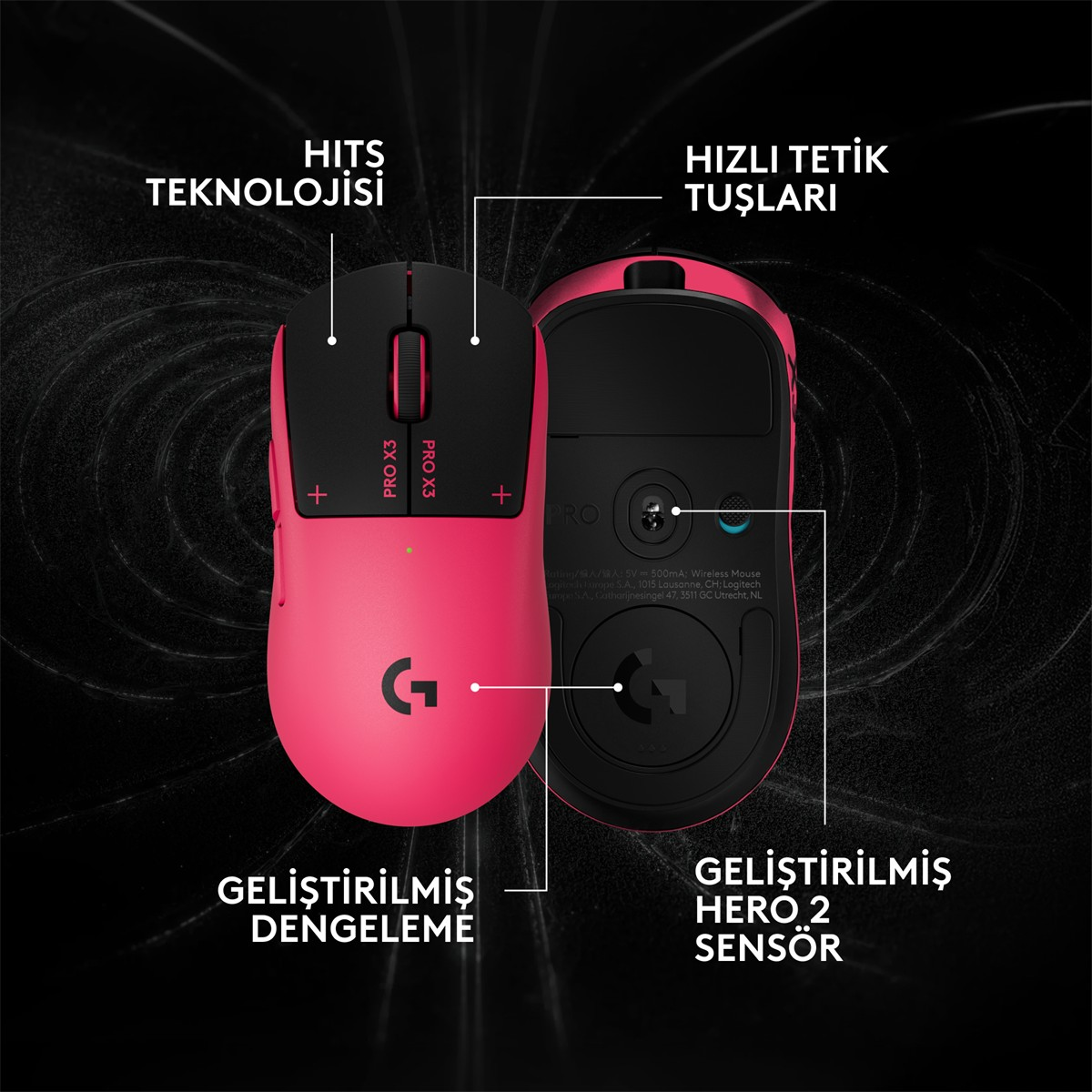 Koyu arka planda Türkçe özellik etiketlerine sahip pembe oyuncu faresi.