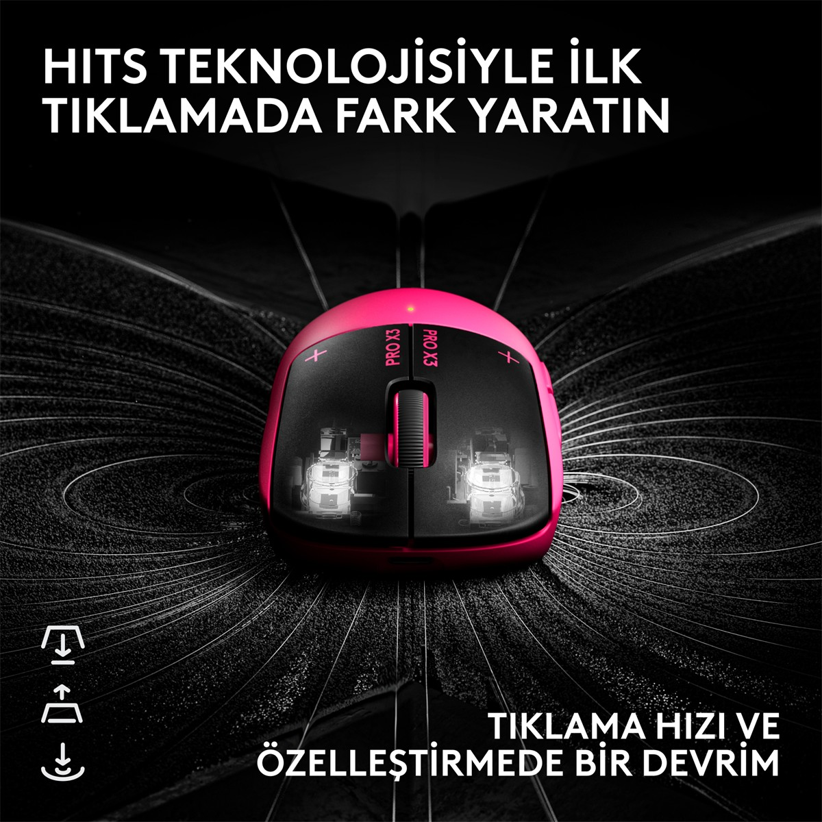 Parlak koyu arka planda dalgalı çizgiler olan pembe ve siyah kablosuz oyuncu mouse'u.