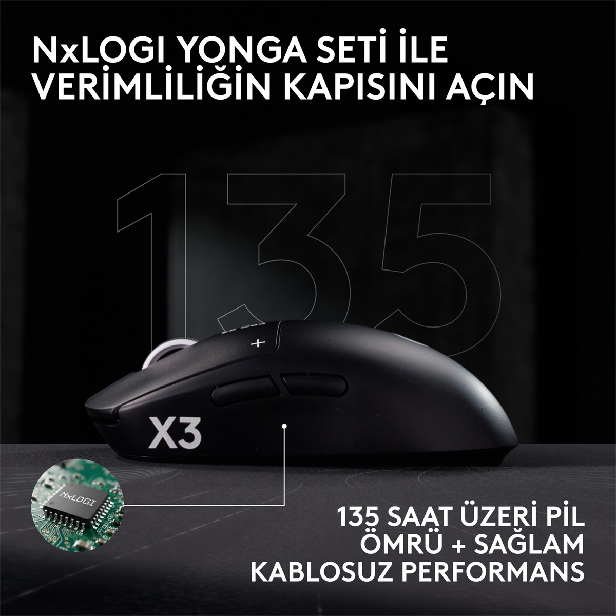 Koyu arka planda çip ekli ve Türkçe tanıtım yazılı siyah X3 kablosuz mouse.