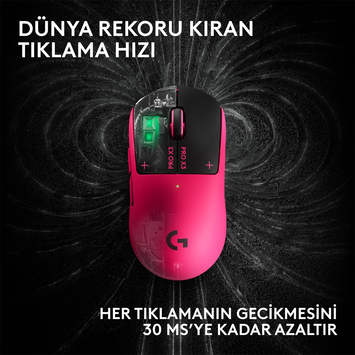 Dalgalı çizgili koyu bir arka plan önünde, şeffaf sol tarafa sahip pembe bir oyuncu faresidir.