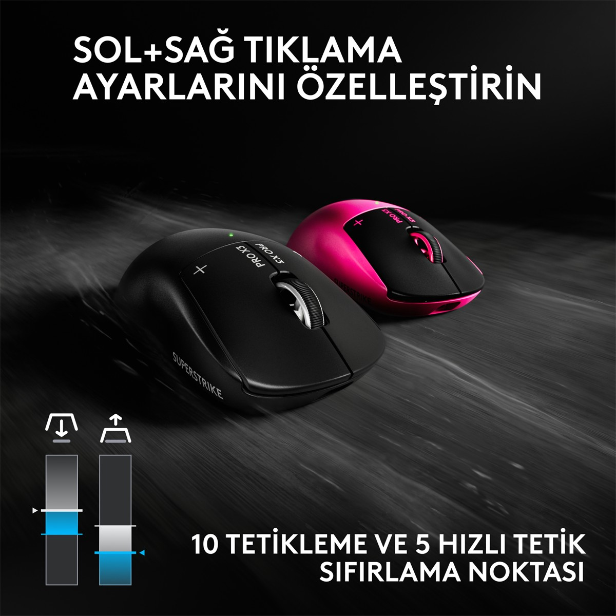 Koyu arkaplanda siyah ve pembe renkli iki oyuncu faresi, metin ve simgeler.