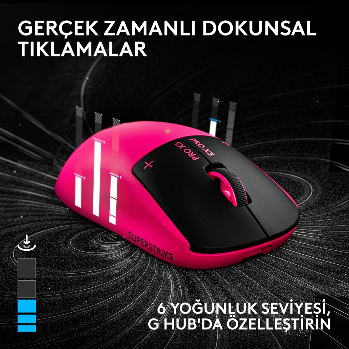 Karanlık, grafik arkaplanda canlı pembe ve siyah kablosuz oyuncu mouse'u.