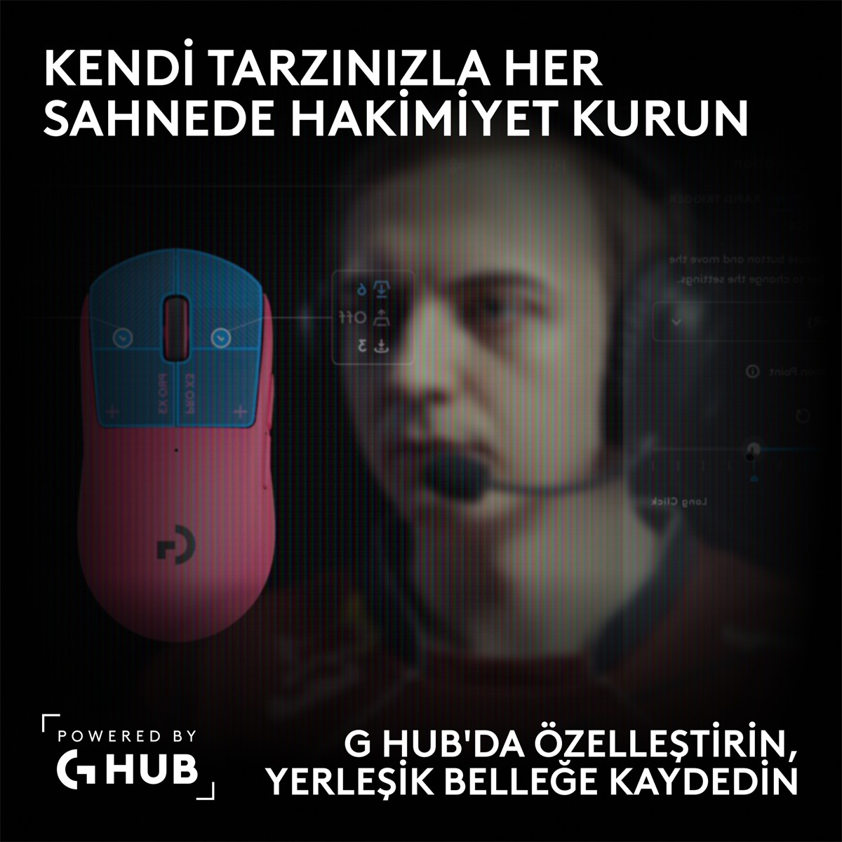 Solda pembe bir oyuncu mouse'u, arkada oyuncu ve Türkçe metinler.