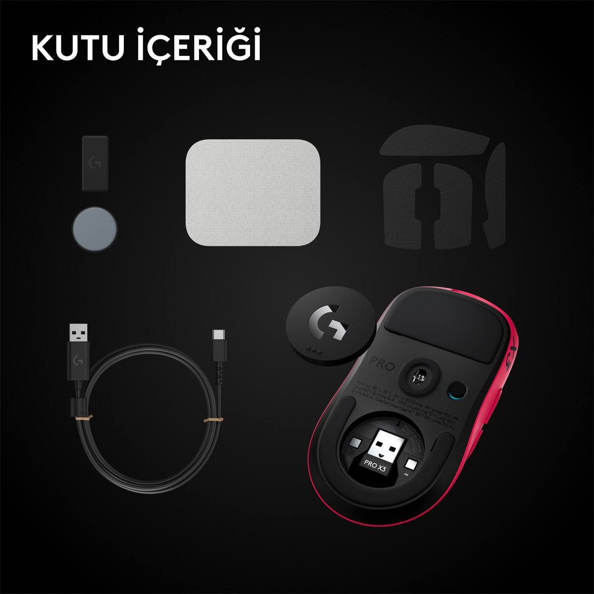 Siyah arkaplanda pembe bilgisayar faresi, kablo, alıcı ve aksesuarları gösteren kutu içeriği.