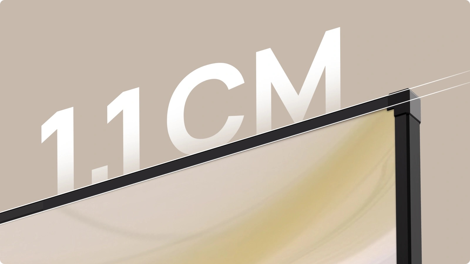 Bej renkli bir grafikte, ince siyah bir çerçeve yapısının üzerinde 1.1 CM yazısı yer alıyor.