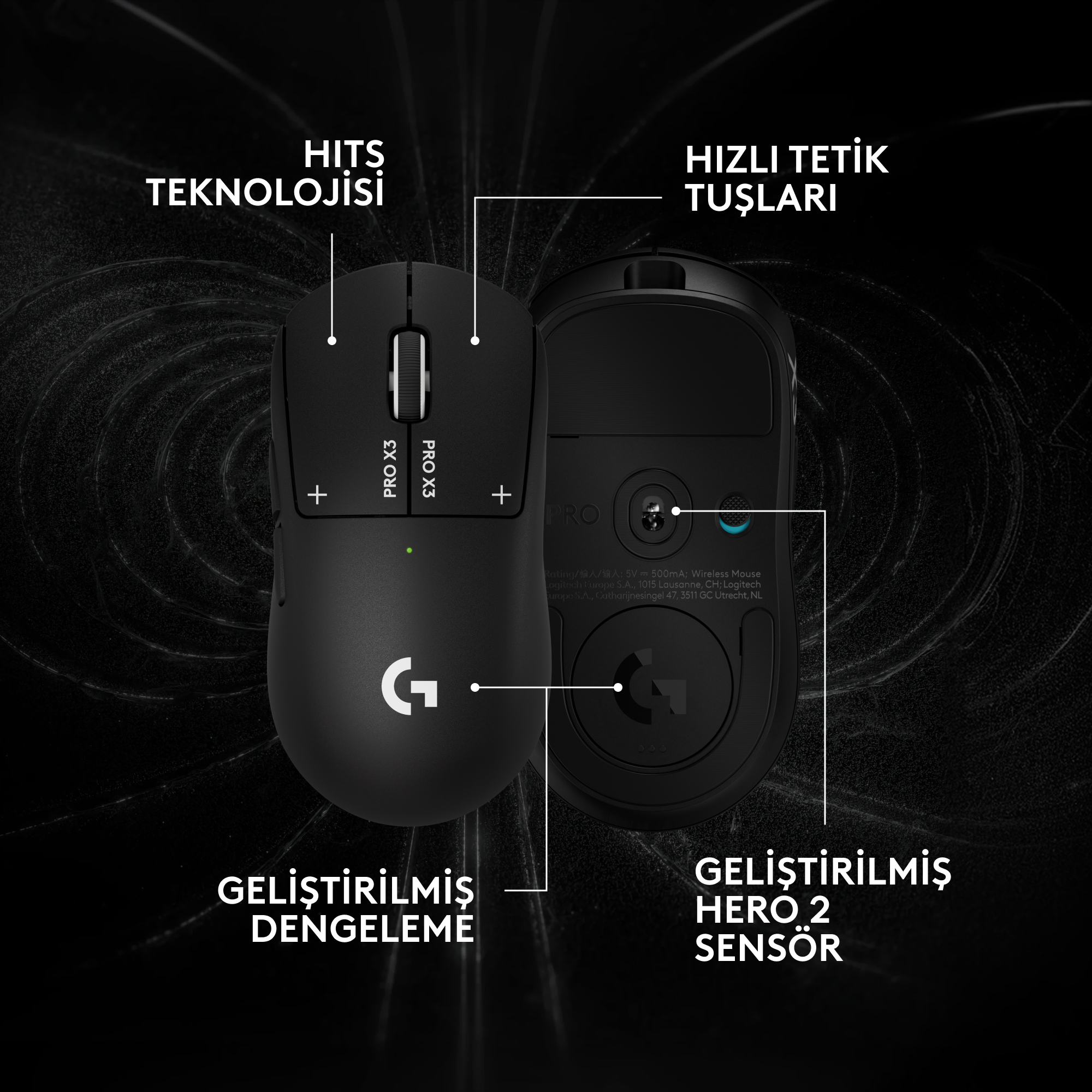 Karanlık arka planda Türkçe özellik etiketlerine sahip siyah oyuncu faresi.