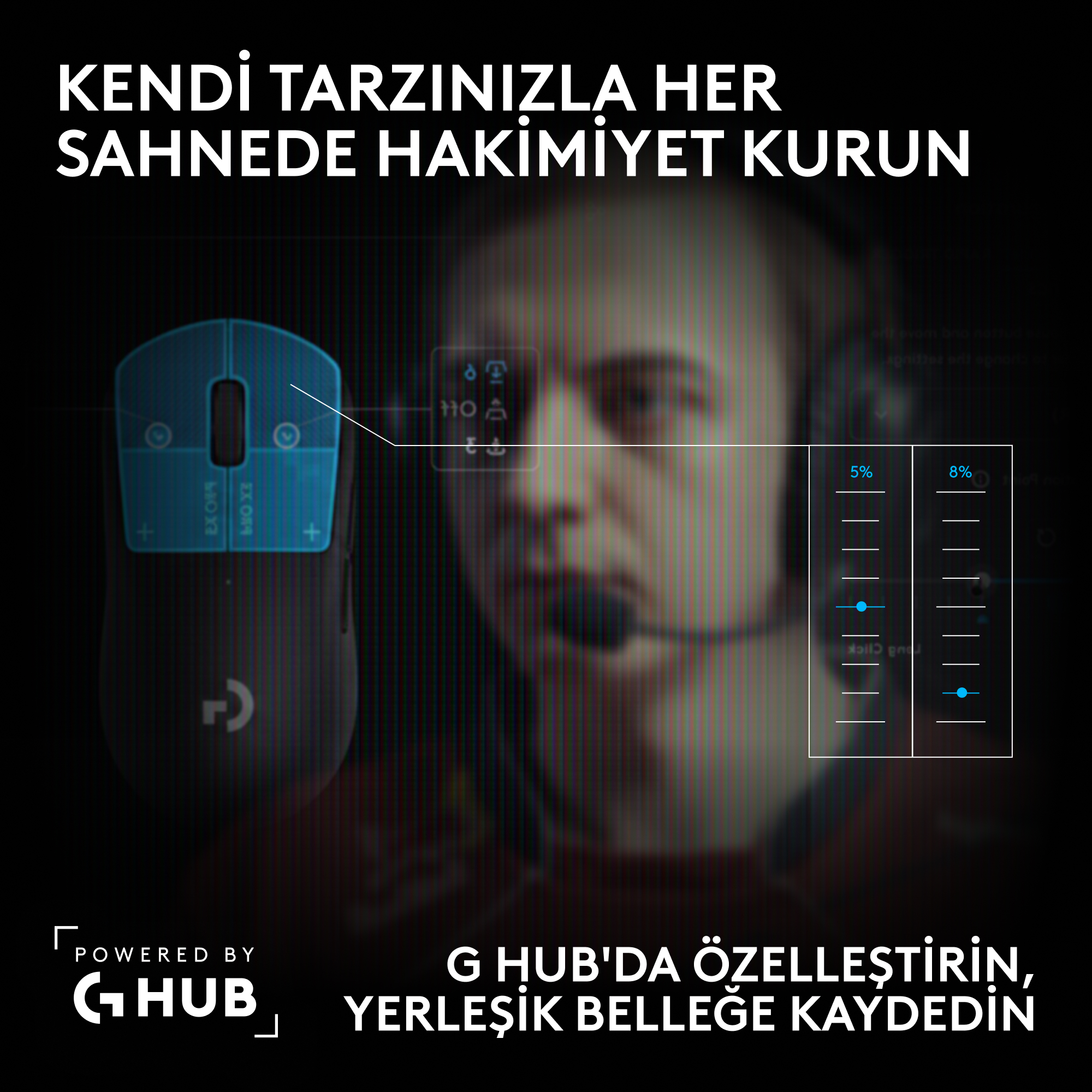 Arka planda oyuncu olan oyun faresi, yazılım ayarları kaplaması ve Türkçe metin.