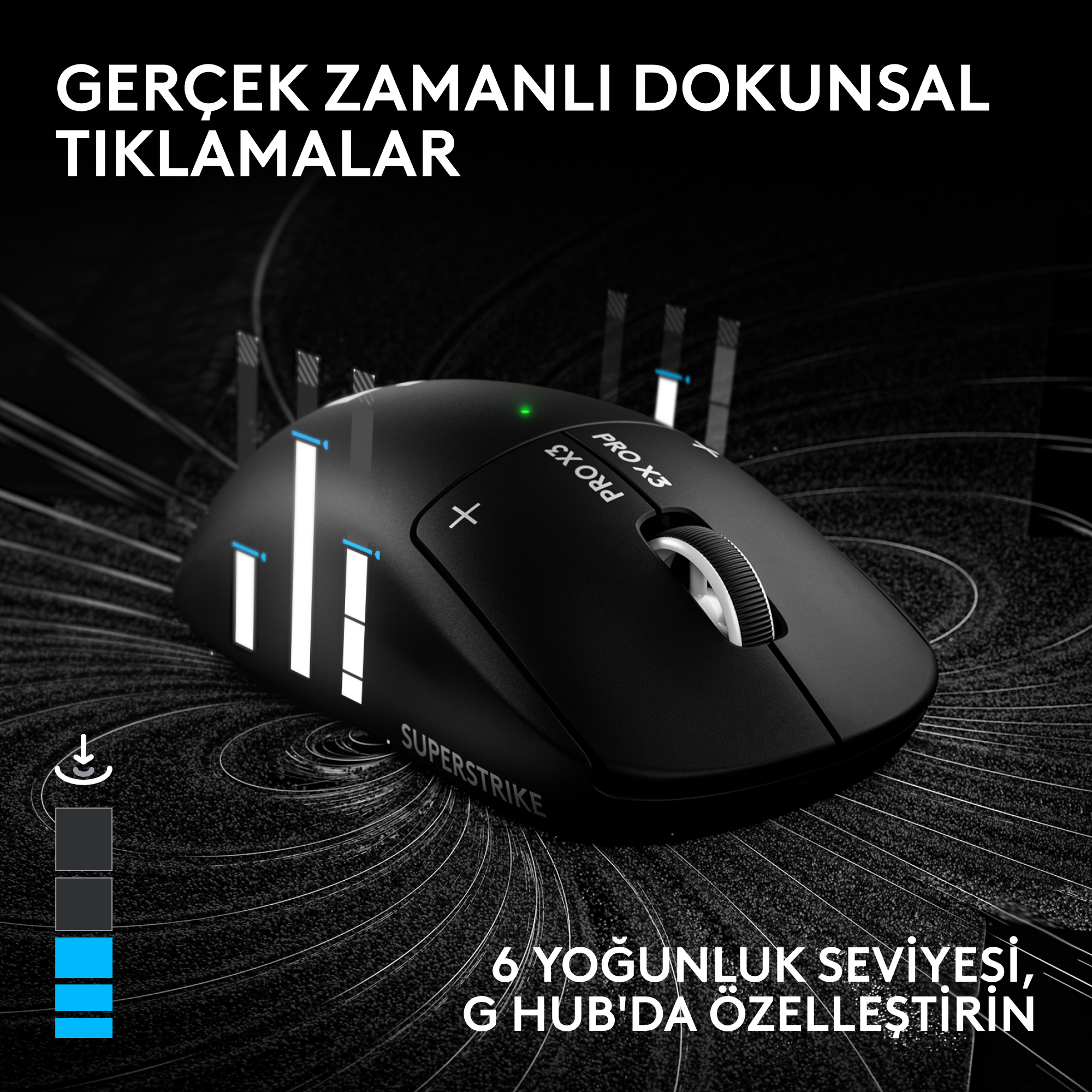 Koyu dokulu arka plan üzerinde turkuaz grafik unsurları ve Türkçe yazılar bulunan siyah oyuncu faresi.