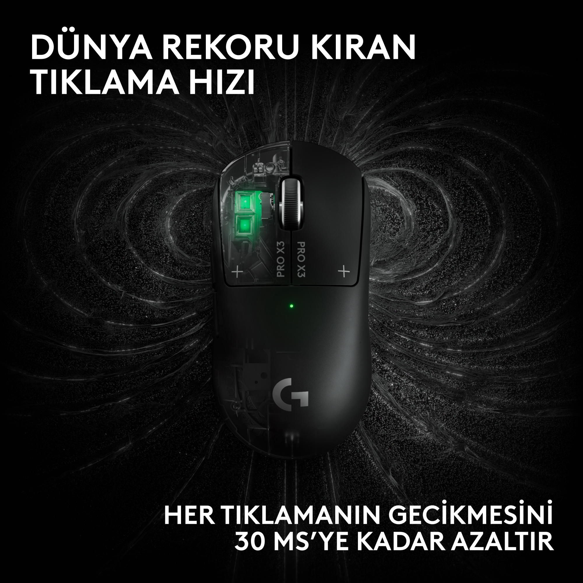 İçi yeşil ışıklı siyah oyuncu faresi, dalgalı çizgiler ve Türkçe metinlerle çevrili.
