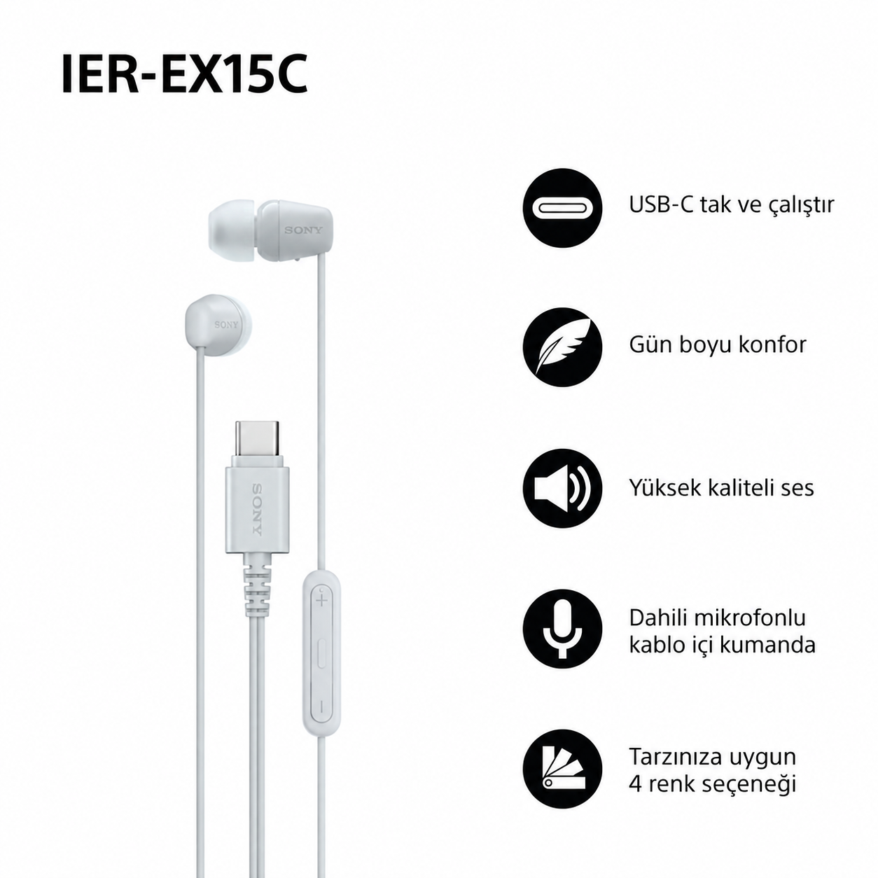 Beyaz arka planda USB-C, kablo içi kumanda ve özellik simgeleri olan Sony IER-EX15C kulak içi kulaklık.