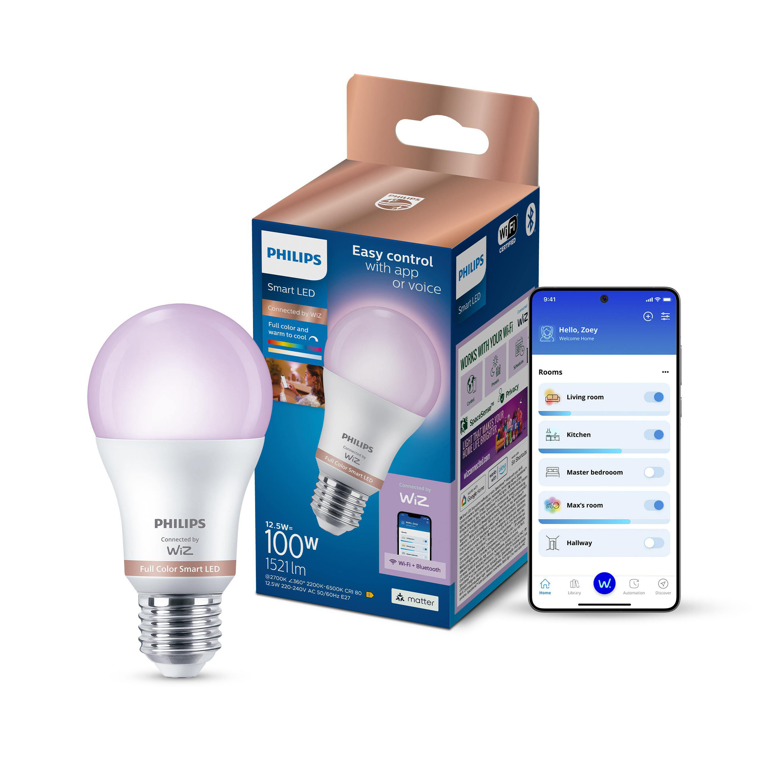 Eine Philips WiZ Smart LED Lampe steht vor ihrer Verpackung und einem Smartphone mit der Steuerungs App.