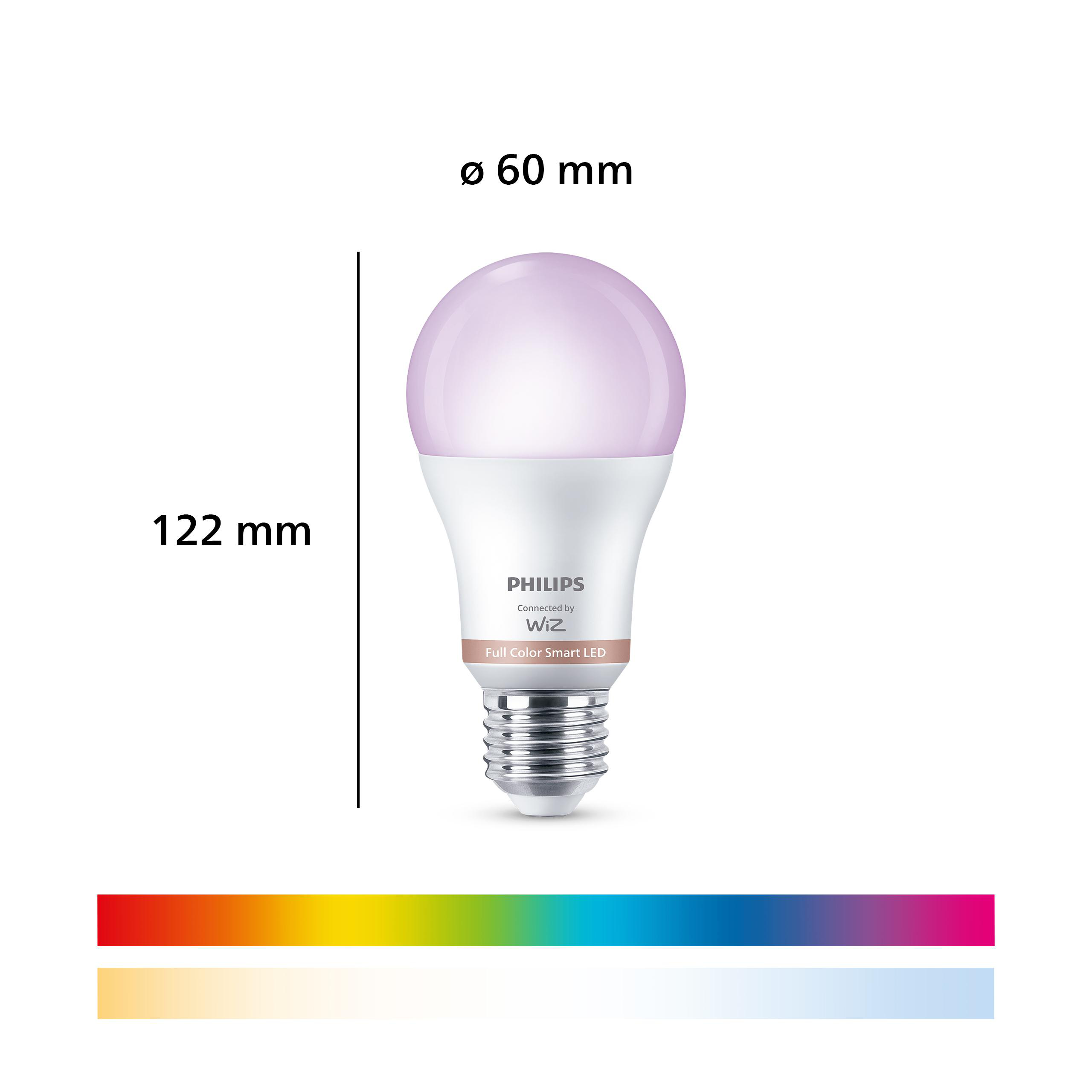 Philips WiZ Smart-LED-Lampe mit Maßen von 122 mm Höhe und 60 mm Durchmesser sowie Farbskalen.