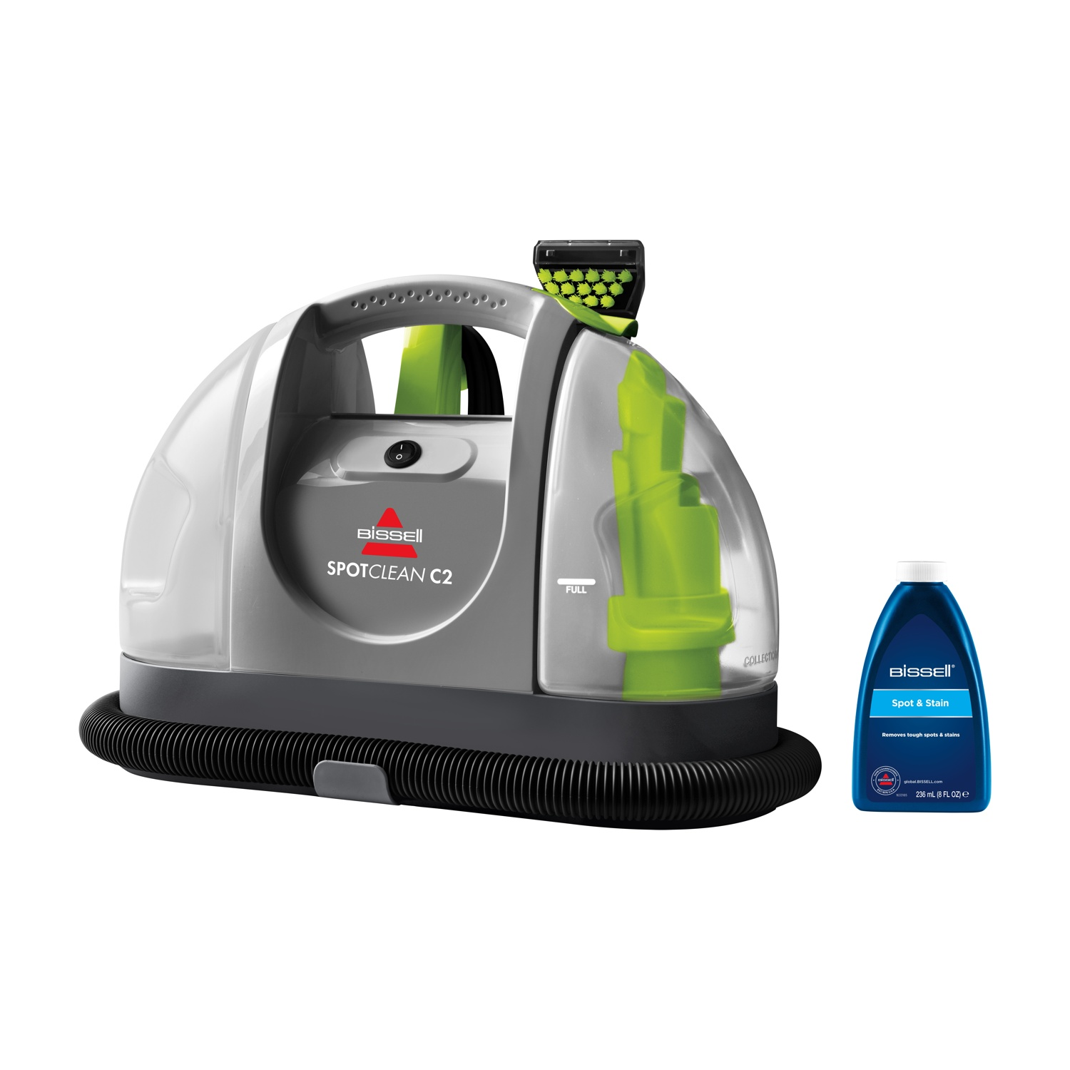 Pulitore per tappeti Bissell SpotClean C2 grigio e verde con una bottiglia blu di smacchiatore.