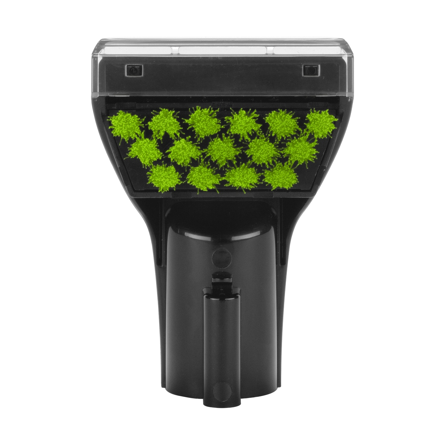 Un raschietto per ghiaccio nero con bordo trasparente e setole verde vivo su sfondo bianco.