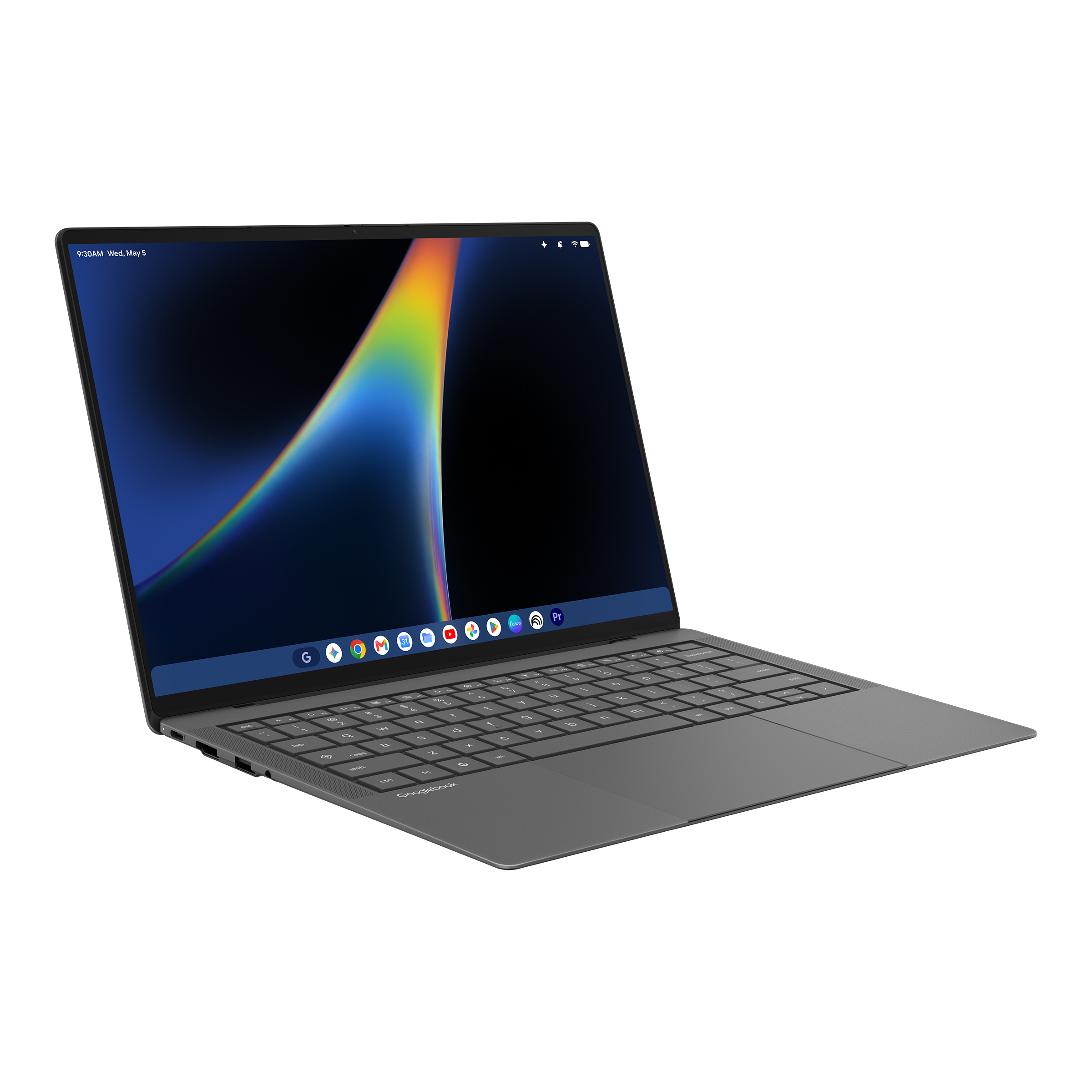 Ein grauer Laptop mit einer Regenbogenkurve auf dem Bildschirm und einer Taskleiste unten.