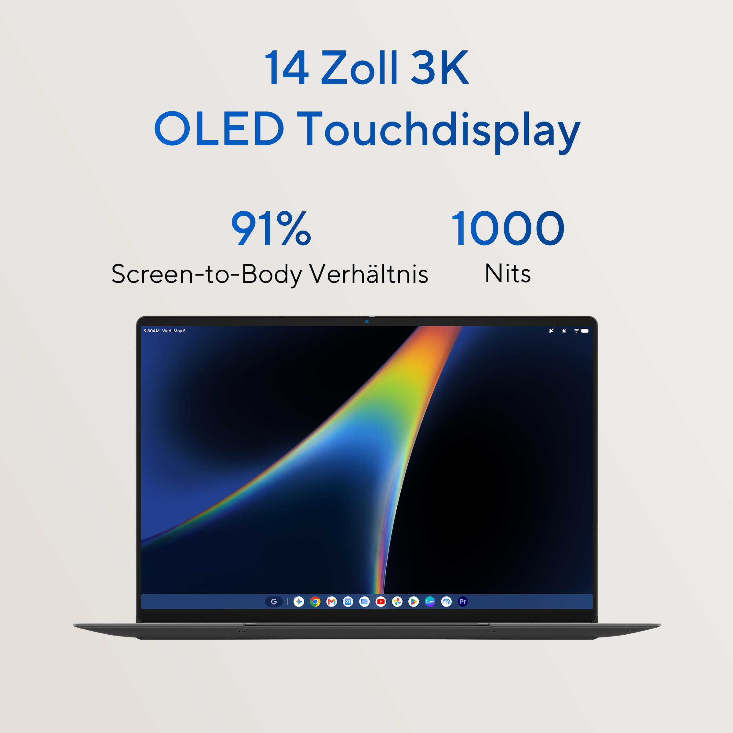 Laptop mit 14-Zoll-3K-OLED-Touchdisplay, 91% Screen-to-Body-Verhältnis und 1000 Nits Helligkeit.