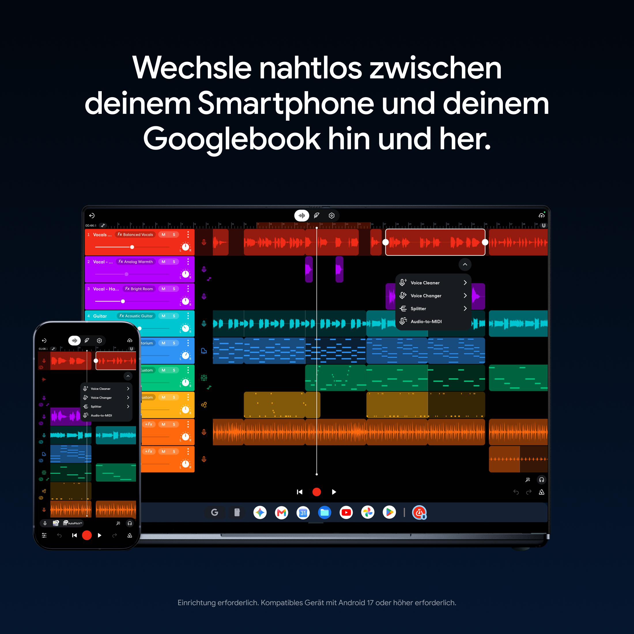 Tablet und Smartphone zeigen eine Musikproduktions-App mit bunten Audiospuren und Effekten.