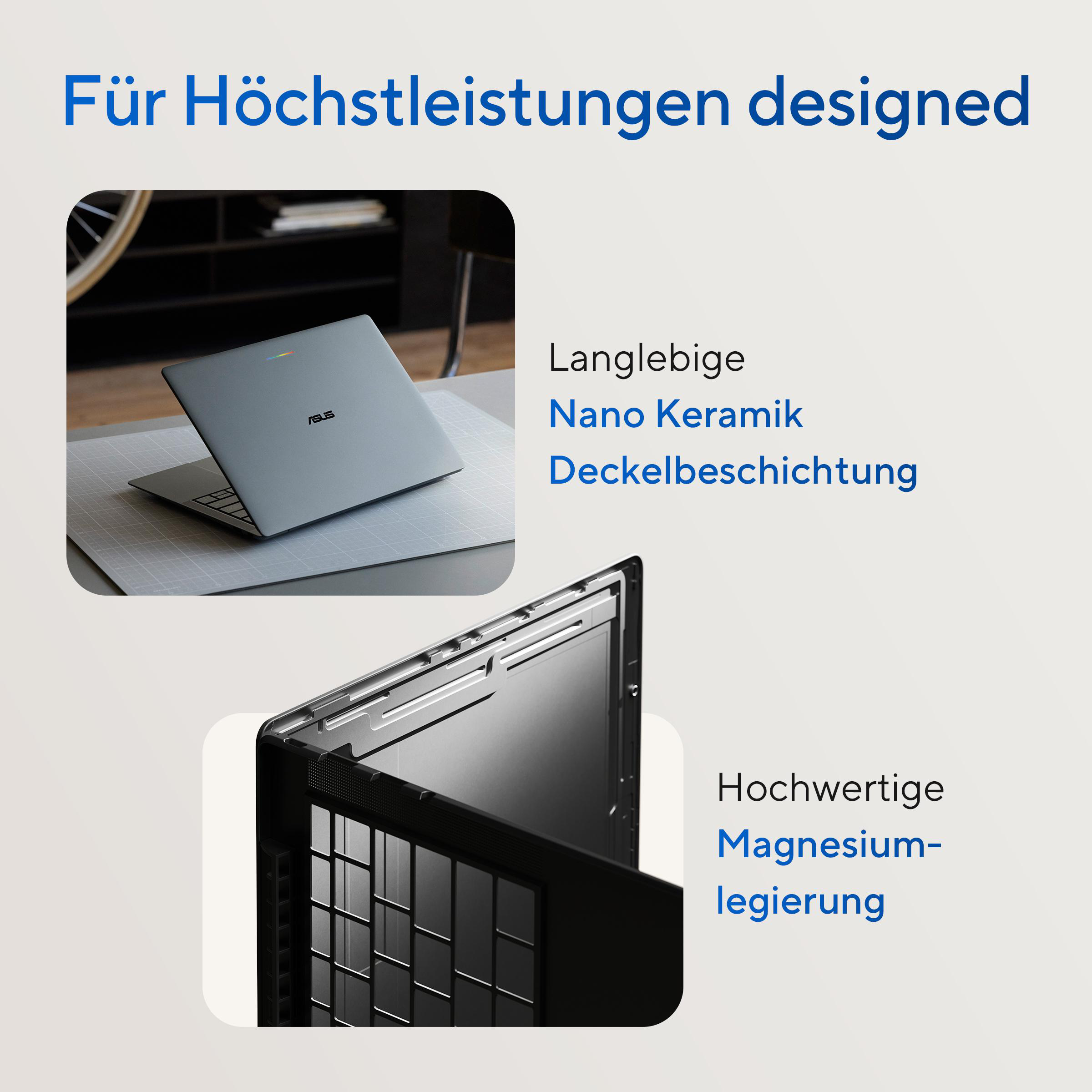 Laptop mit langlebiger Keramikbeschichtung und hochwertiger Magnesiumlegierung für Höchstleistungen.