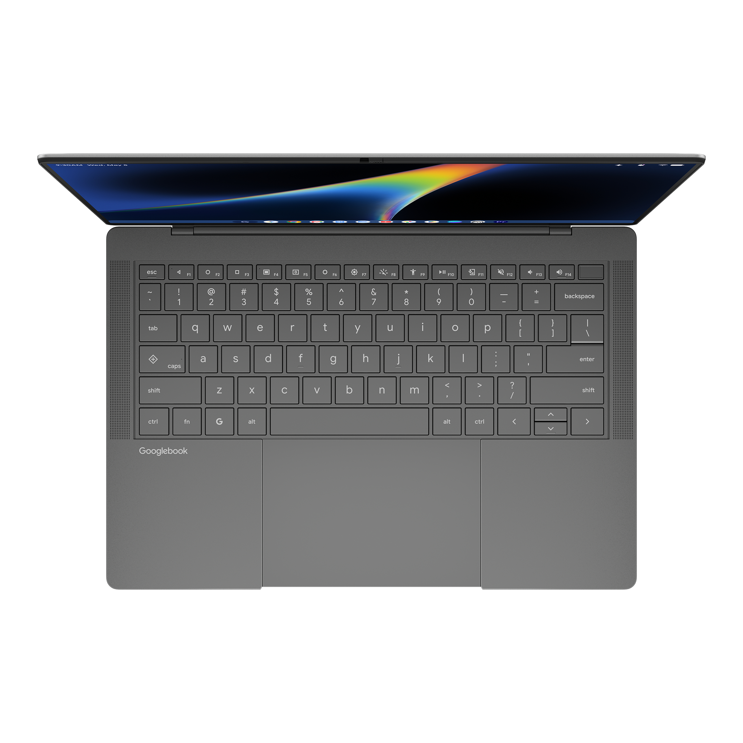 Draufsicht auf ein geöffnetes dunkelgraues Googlebook-Laptop mit Tastatur, Trackpad und buntem Bildschirm.