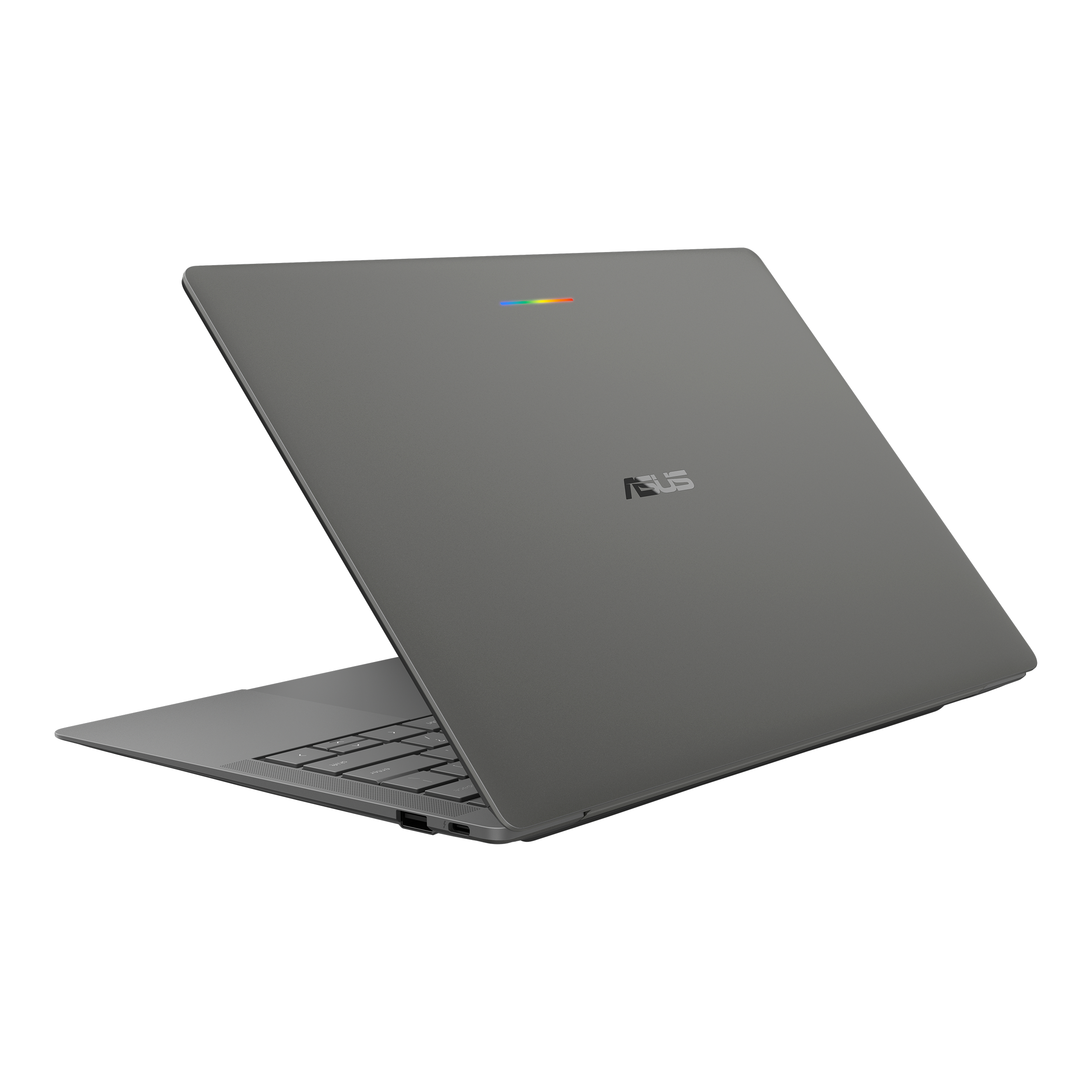 Grauer Asus Laptop von hinten geöffnet auf weißem Hintergrund.