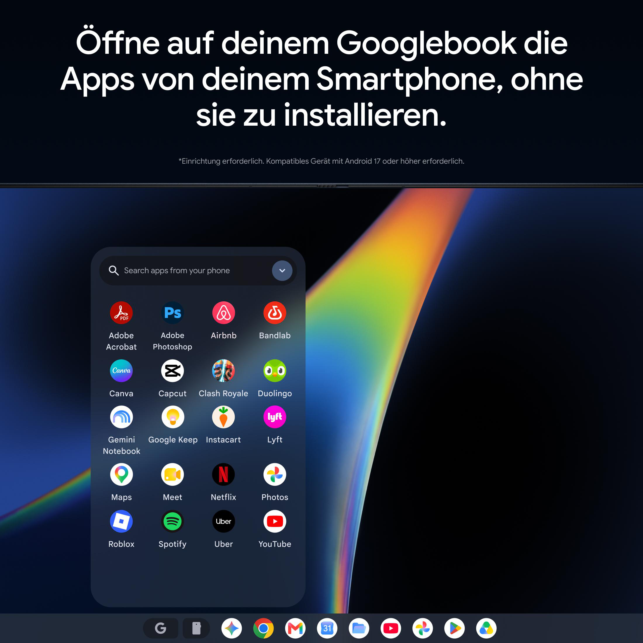 Ein dunkler Bildschirm zeigt ein schwebendes Menü mit App-Symbolen und deutschem Text über Smartphone-Apps.