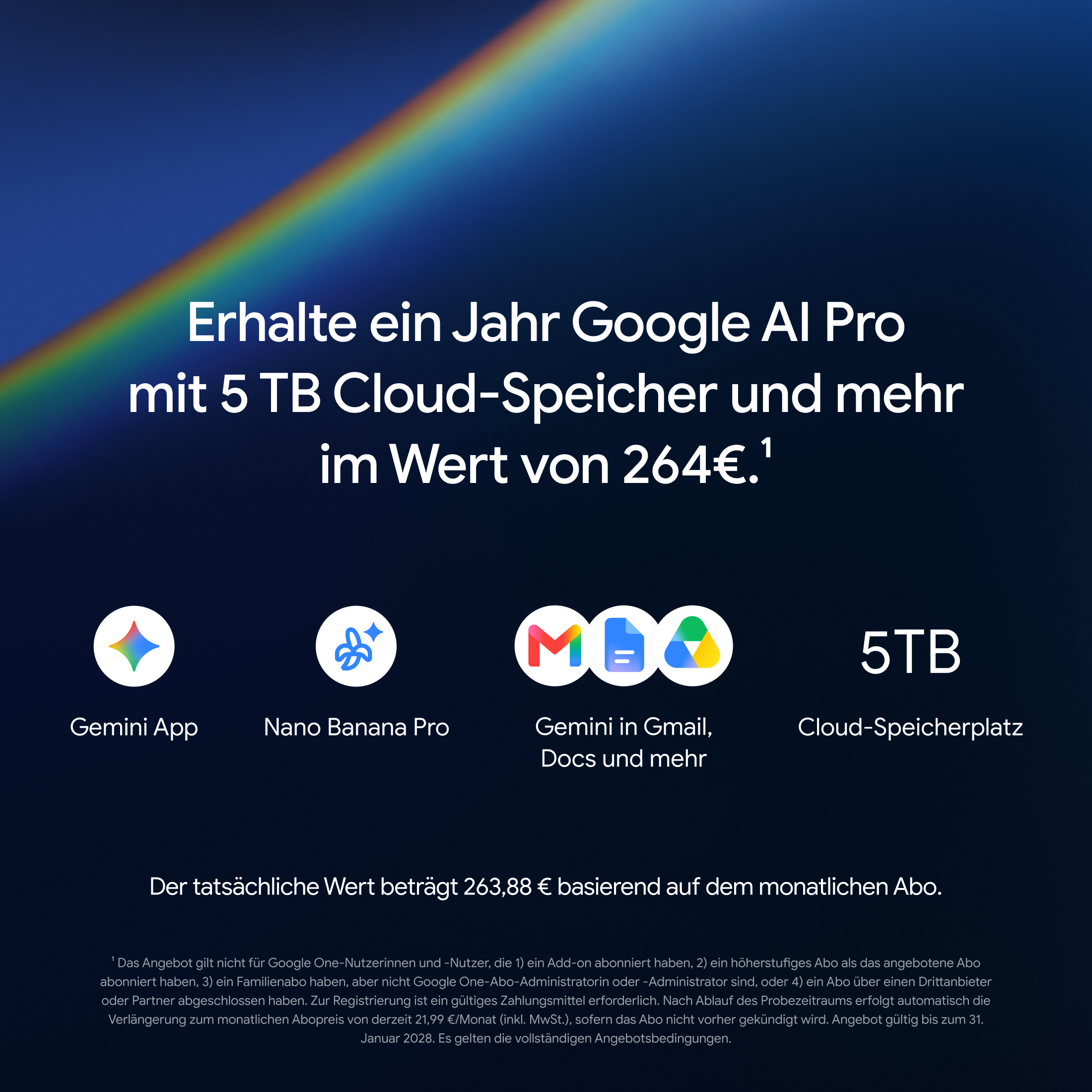 Google AI Pro Werbebanner mit Rainbow-Hintergrund, Gemini App, Nano Banana Pro und 5 TB Cloud-Speicher für 264 €.