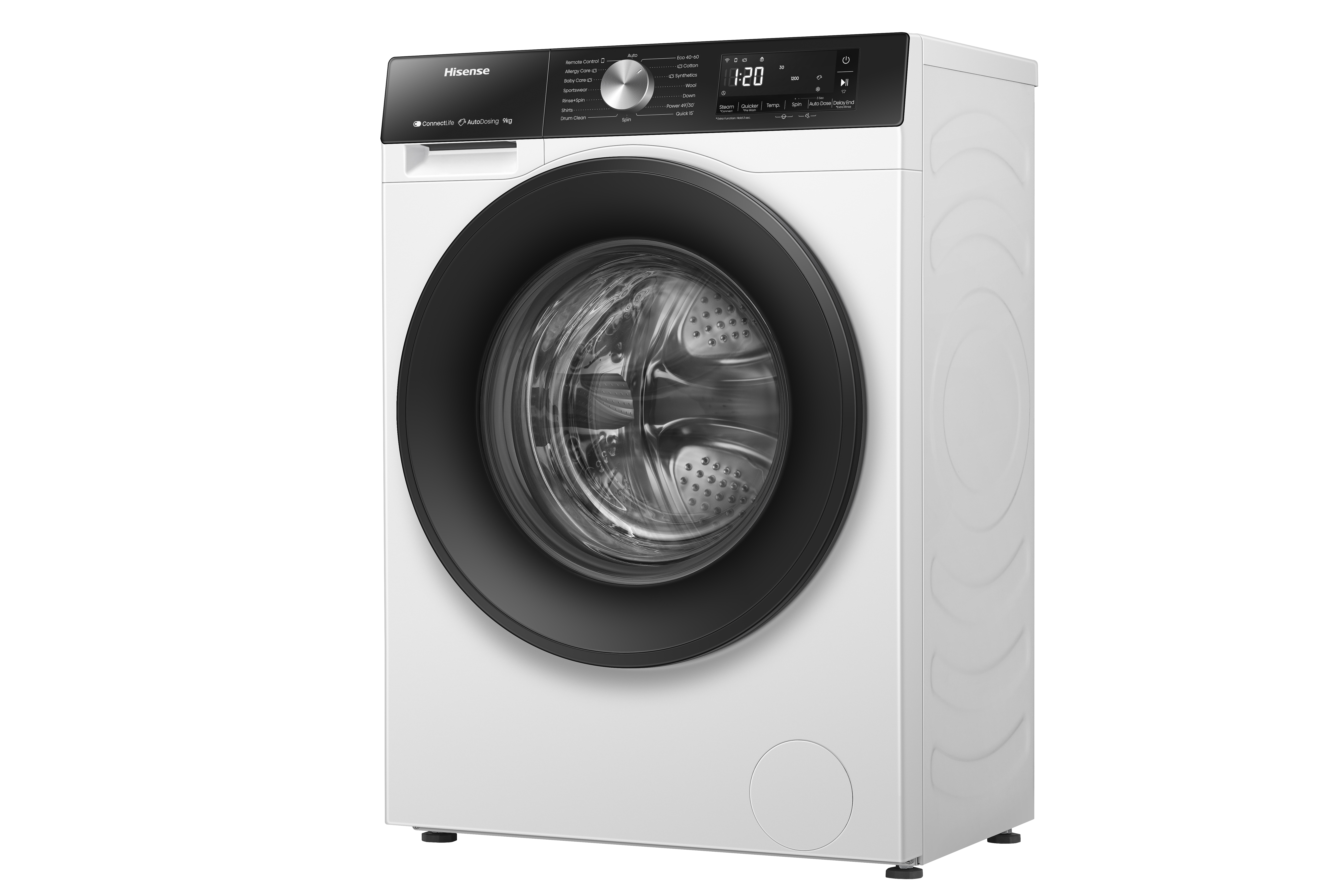 Eine weiße Hisense Frontlader-Waschmaschine mit schwarzer Blende und Glastür auf weißem Hintergrund.