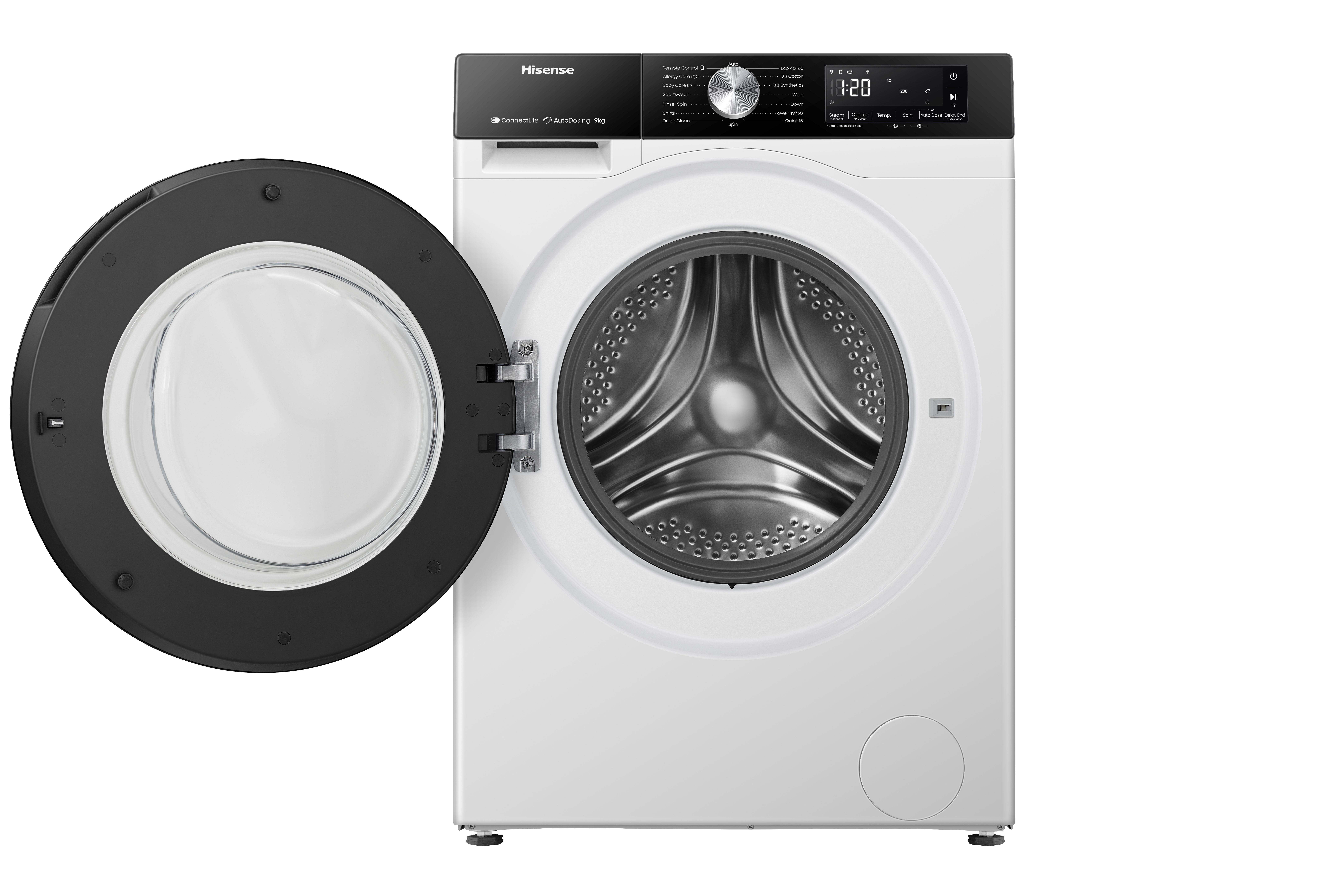 Weiße Hisense Frontlader-Waschmaschine mit schwarzem Bedienfeld und geöffneter Glastür auf weißem Hintergrund.