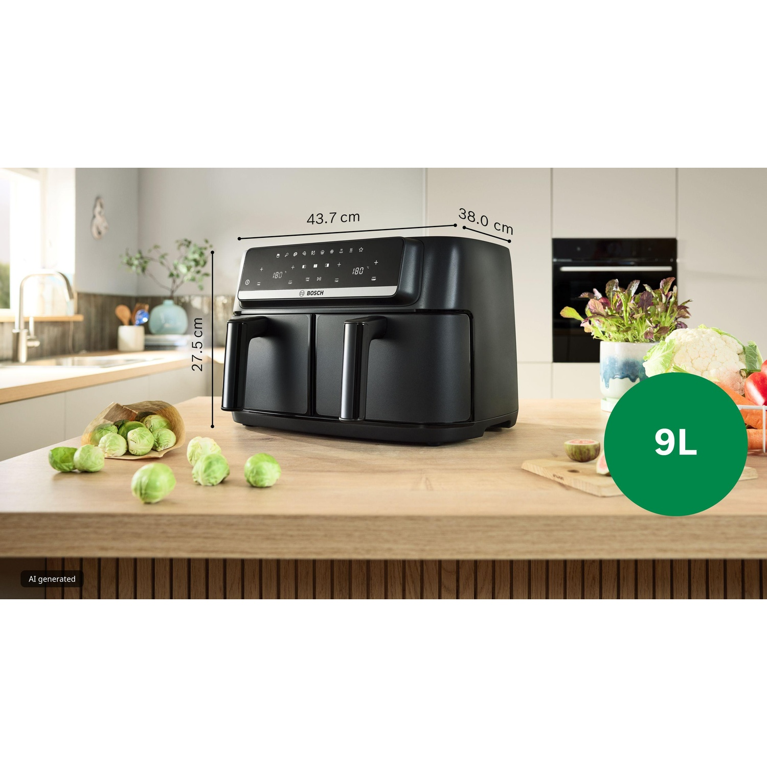 Friggitrice ad aria nera Bosch su piano in legno con verdure crude in cucina moderna.