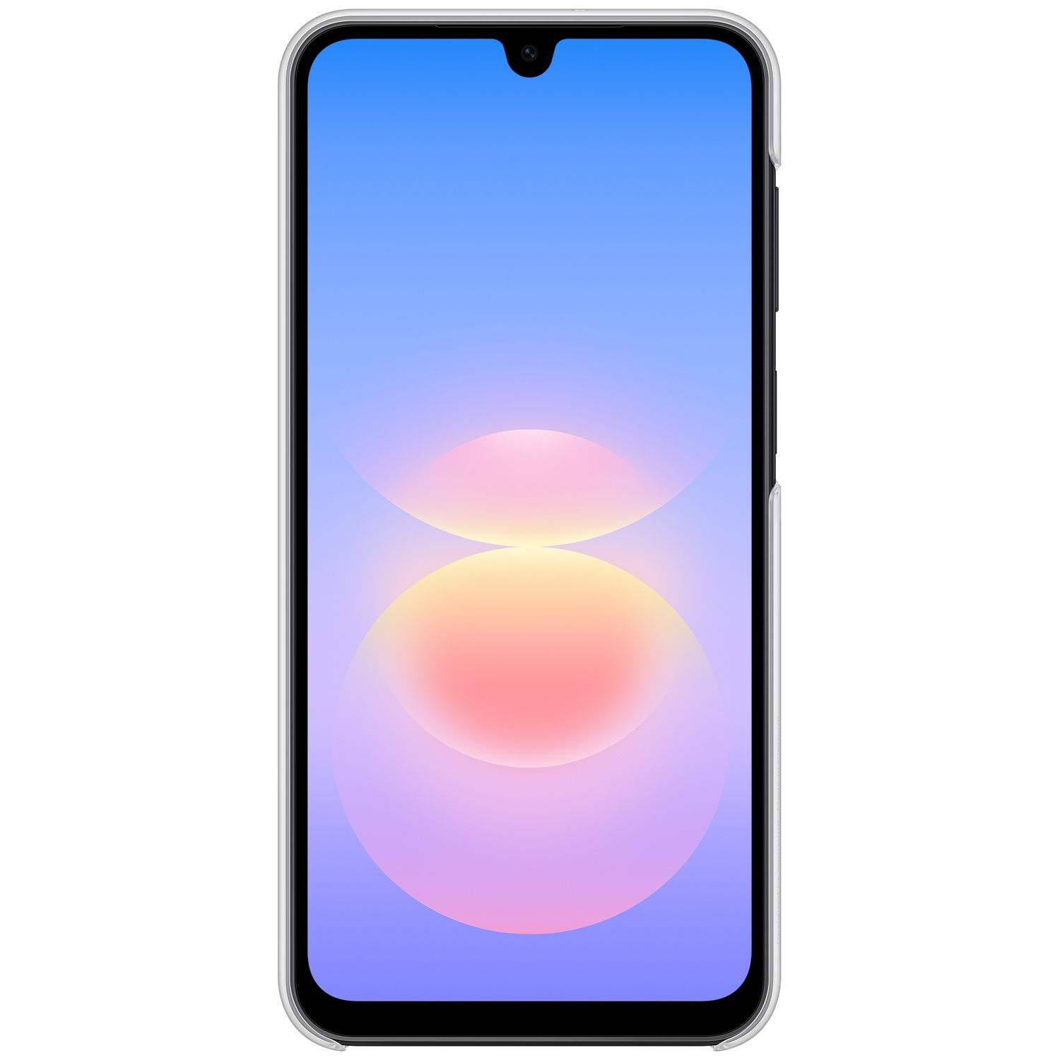 Smartphone dans une coque de protection transparente affichant un écran bleu avec des cercles abstraits.