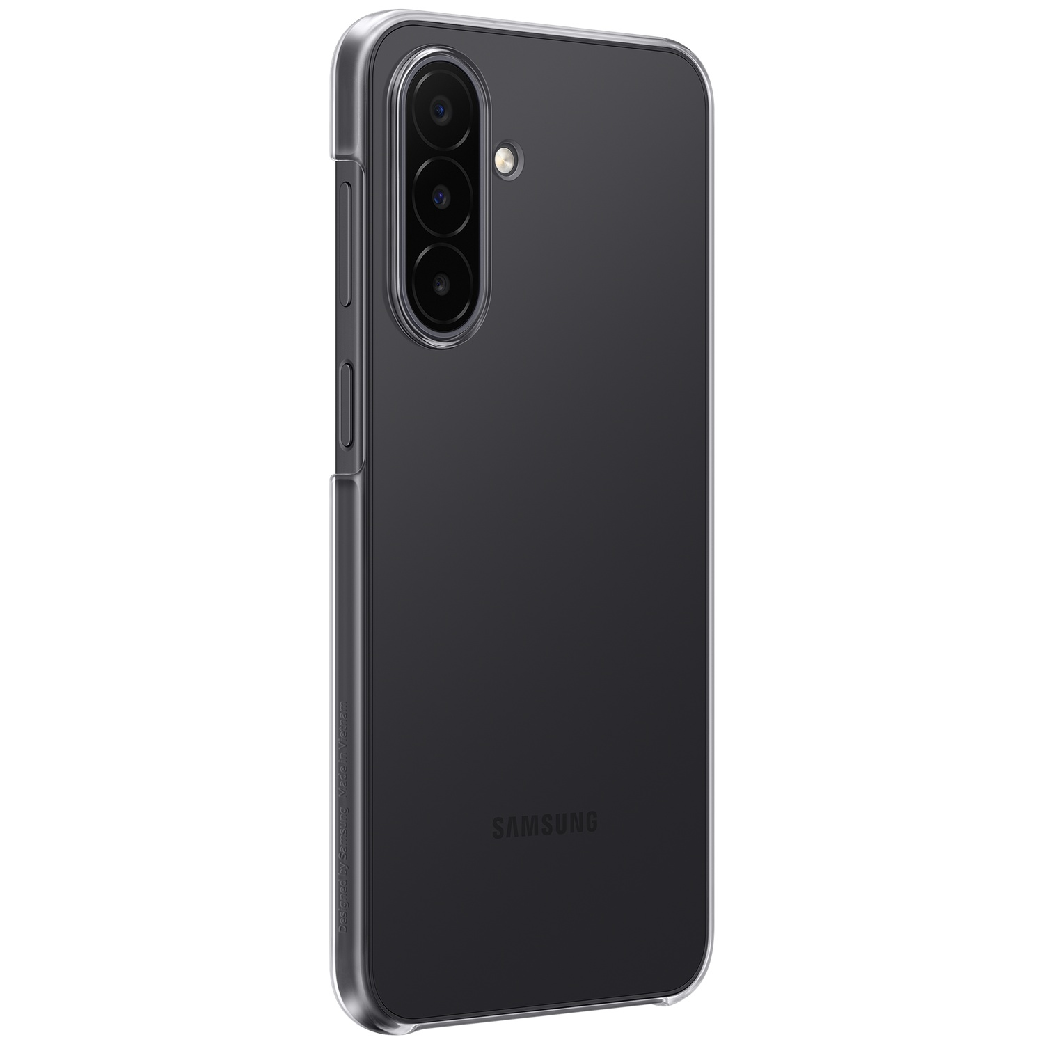 Dos d'un smartphone Samsung noir avec une coque de protection transparente et trois caméras verticales.