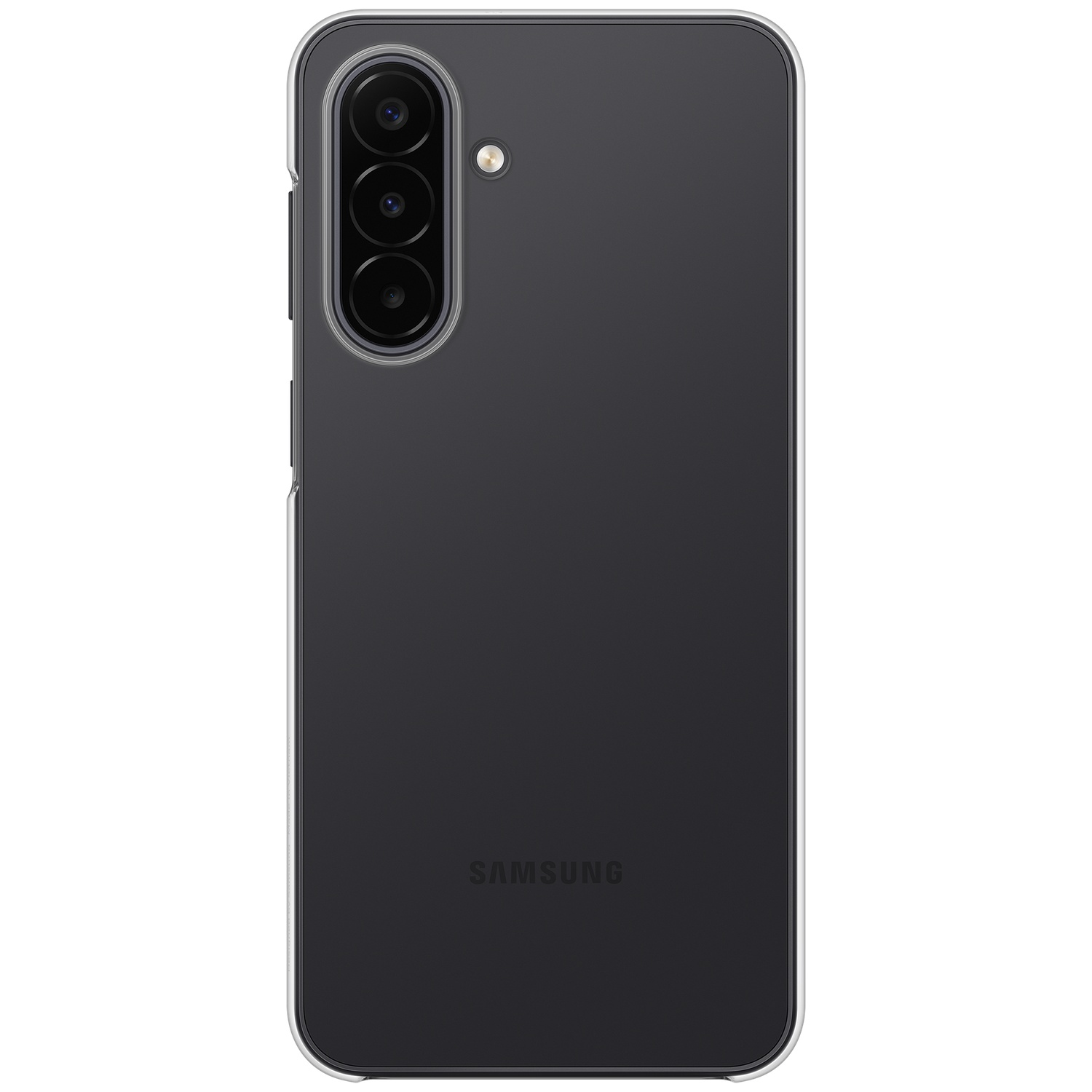 Dos d'un smartphone Samsung noir avec un triple appareil photo vertical et le logo.